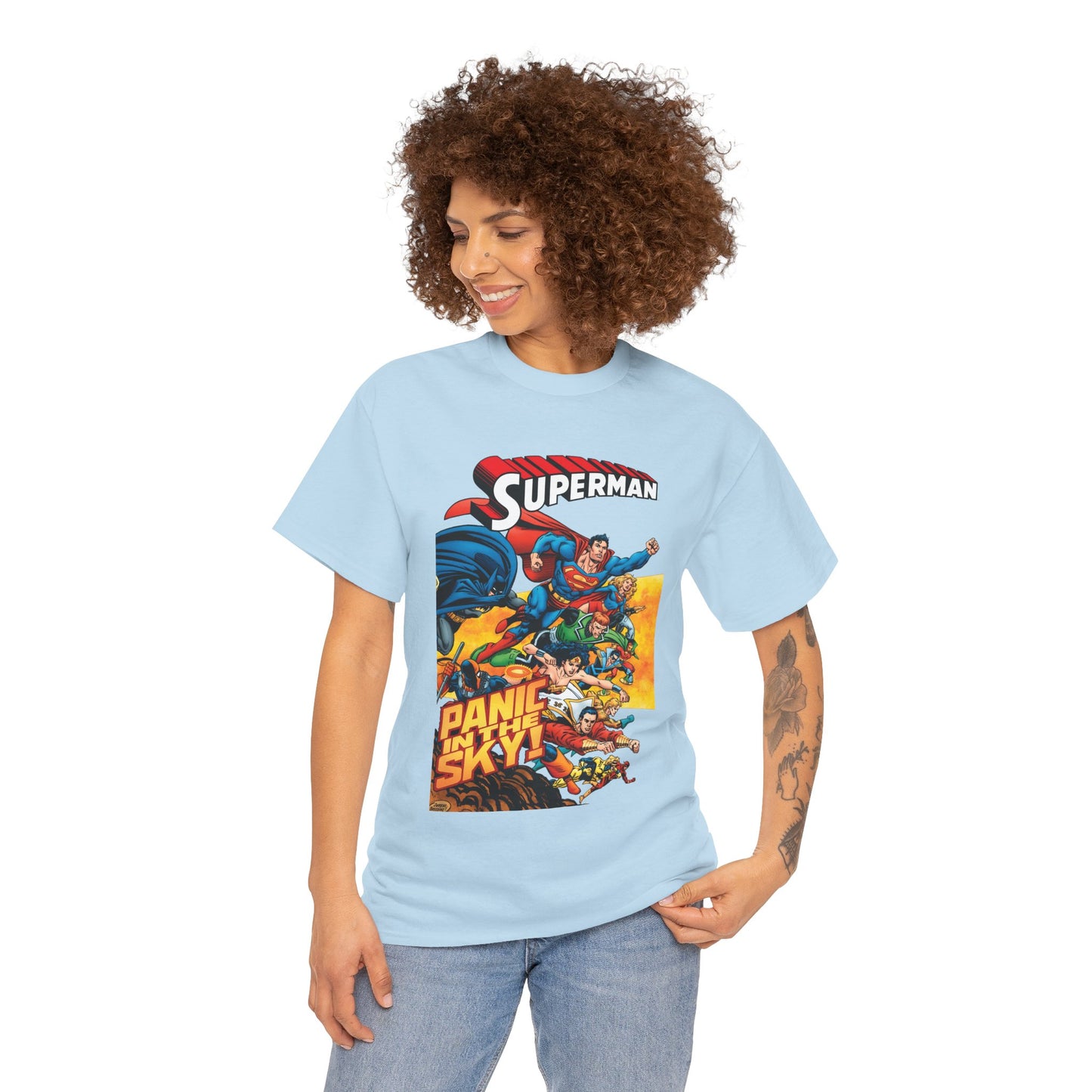 Superman - Panic in the Sky T-Shirt - Dan Jurgens Art - Vs Brainiac & Maxima - Wonder Woman, Booster Gold, Shazam, Batman, Flash, Aquaman, Supergirl - DC Comics