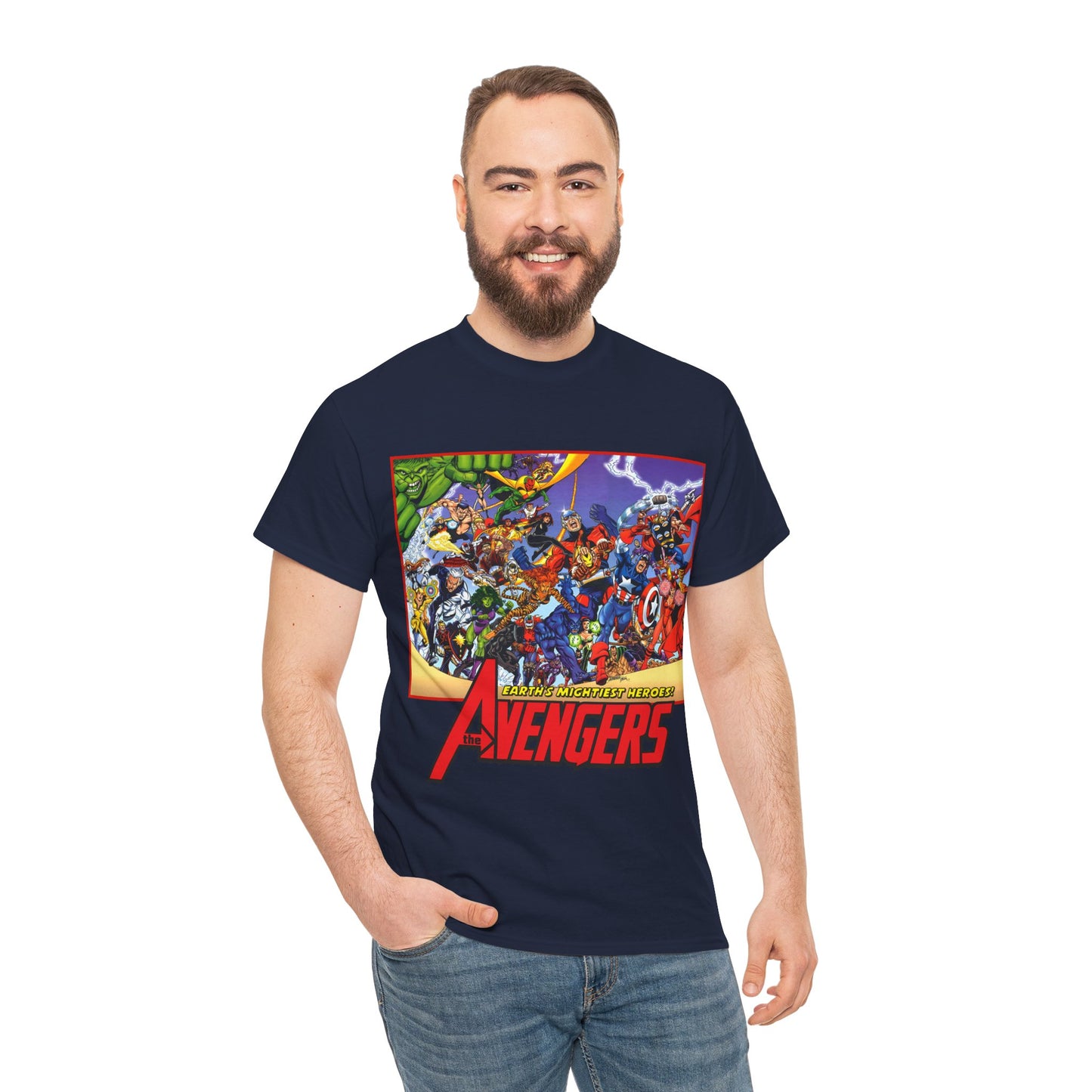 Avengers T-Shirt - George Perez Art - Marvel Comics - Captain America, Iron Man, Thor, She-Hulk, Hawkeye, Vision, Quicksilver - Classic Cover