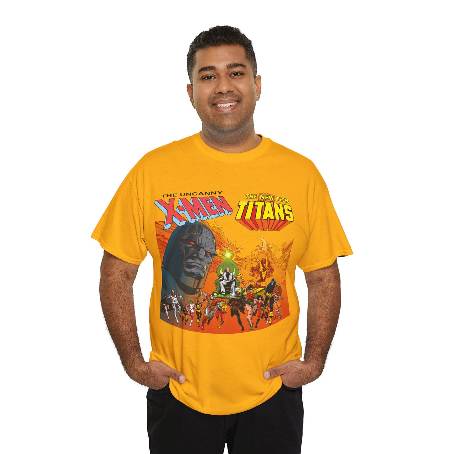 X-Men & New Teen Titans T-Shirt - Walt Simonson Art - Marvel & DC Comics Crossover - Wolverine, Raven, Storm, Cyclops, Robin, Cyborg, Colossus, Dark Phoenix, Darkseid