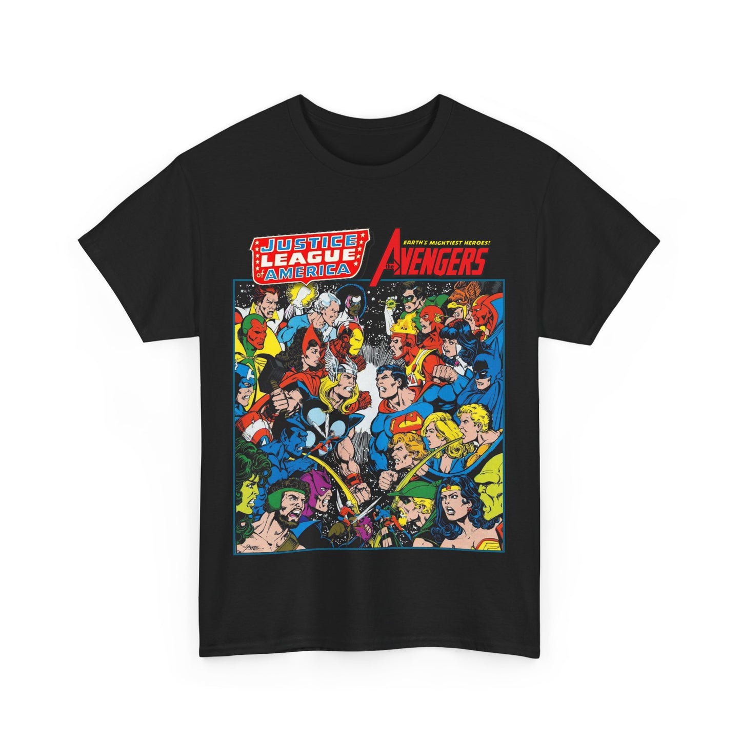 Justice League/Avengers T-Shirt - DC & Marvel Comics Art - George Perez - JLA - Batman, Captain America, Iron Man, Green Lantern