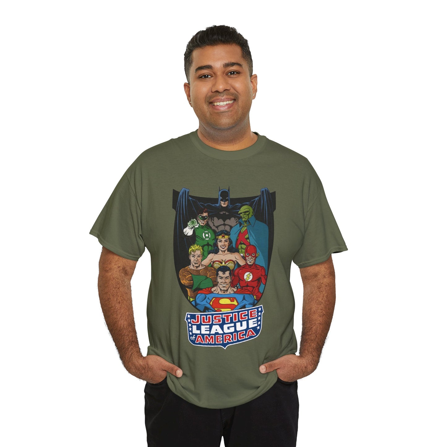 Justice League of America T-Shirt - George Perez Art - Superman, Wonder Woman, Batman, Aquaman, Martian Manhunter, Flash, Green Lantern - DC Comics