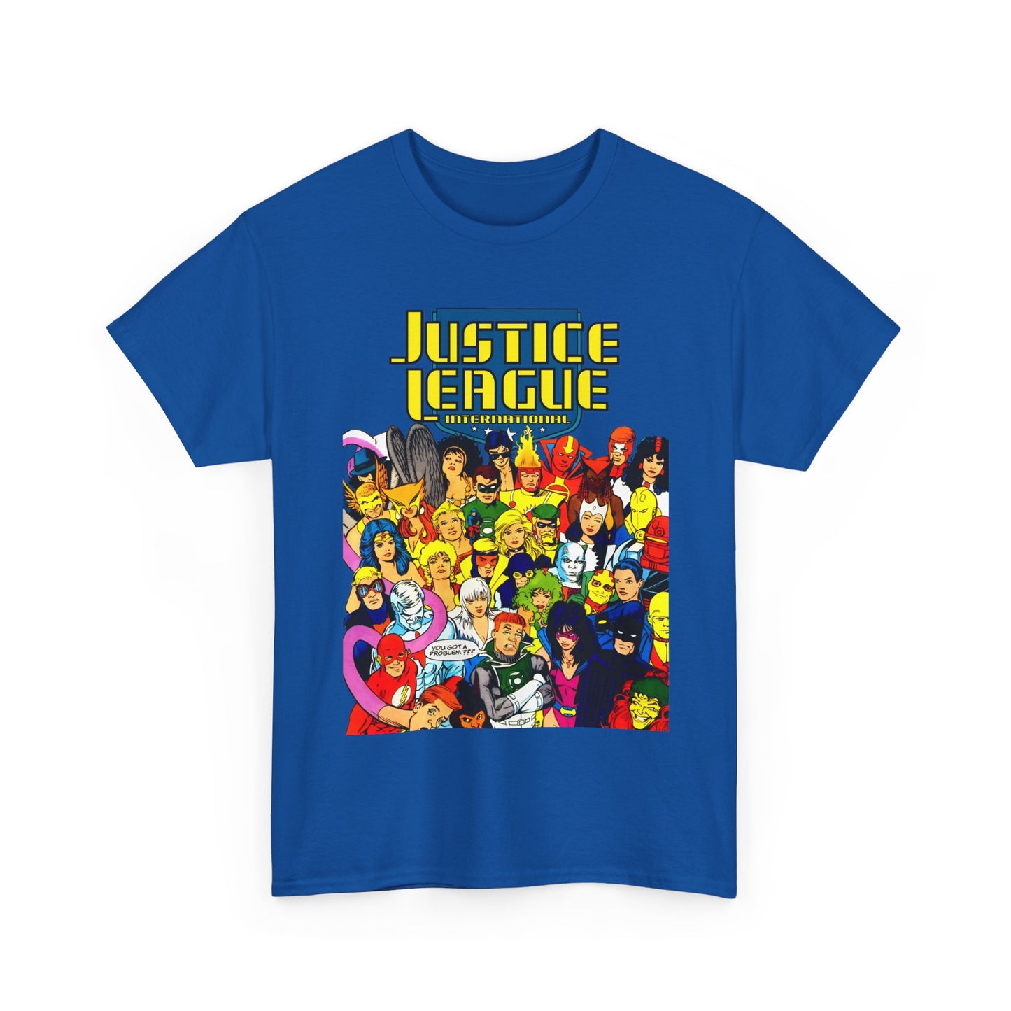 Justice League International T-Shirt - Kevin Maguire DC Comics Sourcebook Art - Booster Gold, Blue Beetle, Batman, Martian Manhunter, Captain Atom, Fire, Ice, Guy Gardner