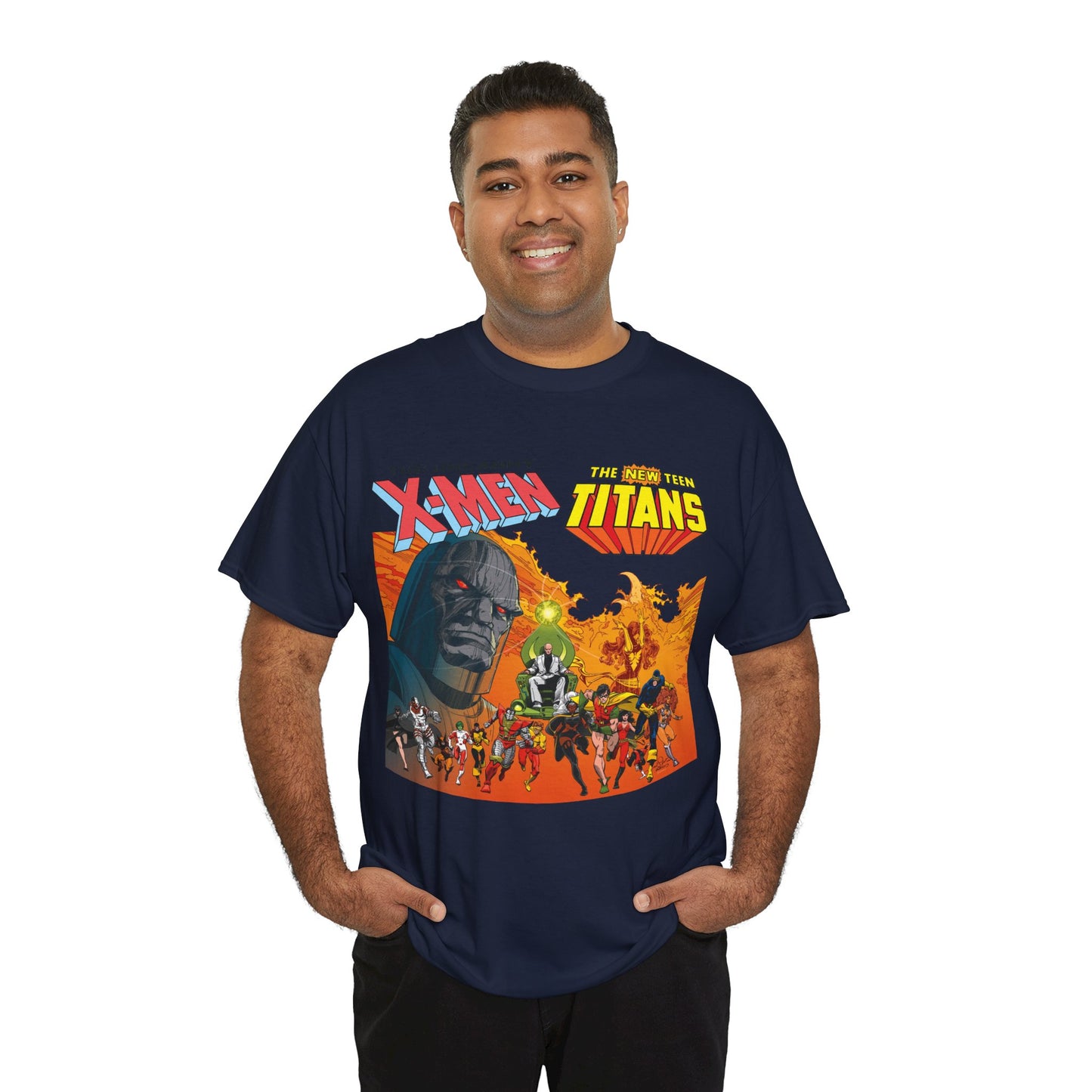 X-Men & New Teen Titans T-Shirt - Walt Simonson Art - Marvel & DC Comics Crossover - Wolverine, Raven, Storm, Cyclops, Robin, Cyborg, Colossus, Dark Phoenix, Darkseid
