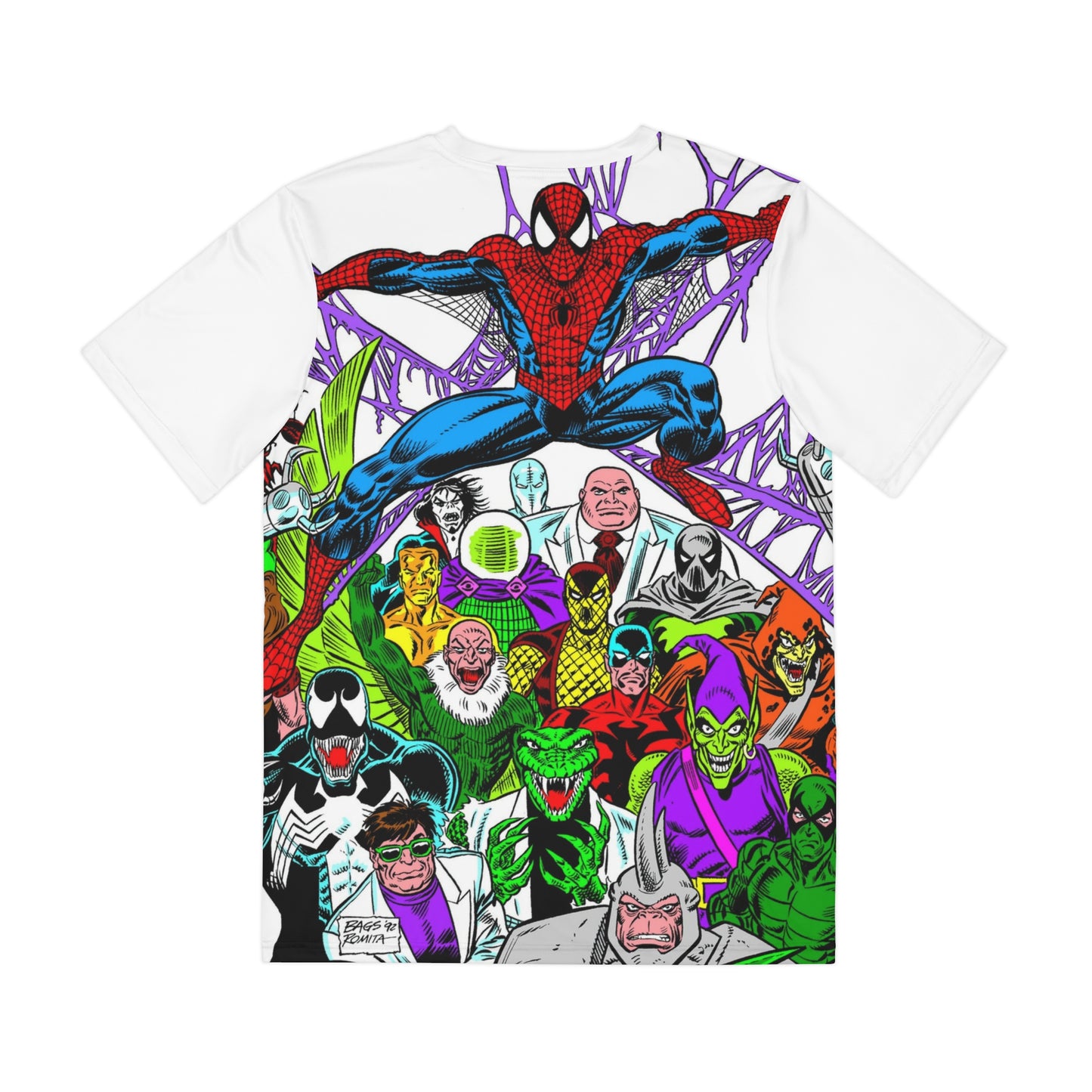Amazing Spider-Man Polyester Tee (All-Over Print) - 1990s Mark Bagley Art - Green Goblin, Rhino, Venom - Marvel Comics (IMPROVED PLACEMENT AND PRINTING TECHNIQUES)