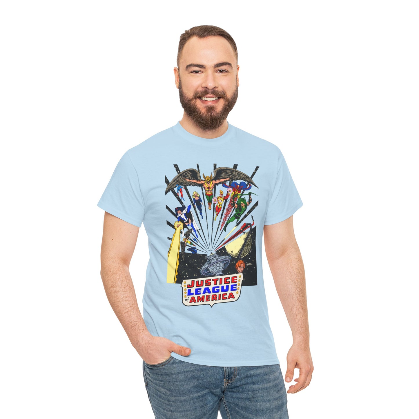 Justice League of America T-Shirt - George Perez Art - Bronze Age Satellite Era - DC Comics - Hawkman, Zatanna, Atom, Firestorm, Elongated Man, Green Arrow