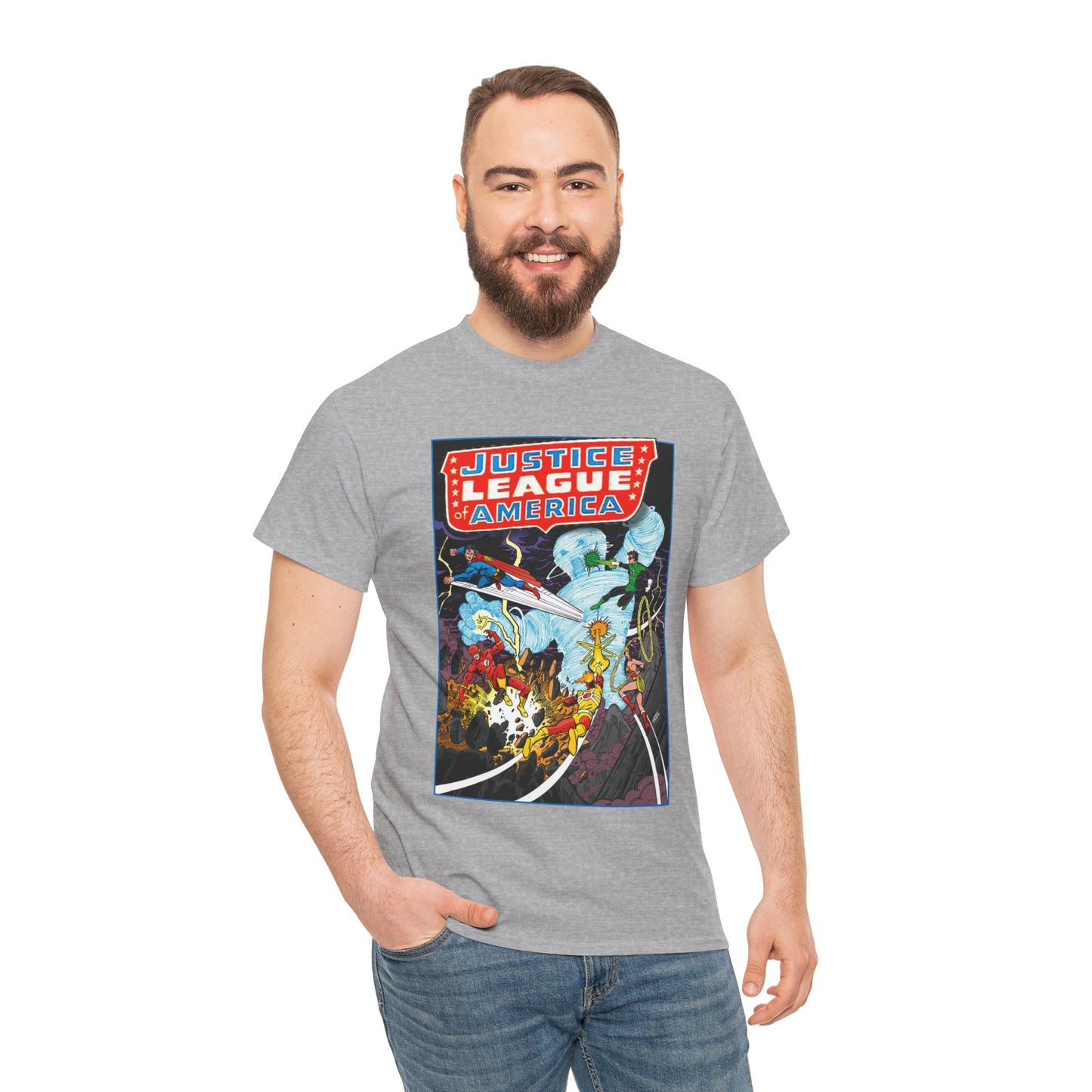 Justice League T-Shirt - George Perez Art - Tornado Tyrant - Superman, Firestorm, Flash, Wonder Woman, Green Lantern - DC Comics