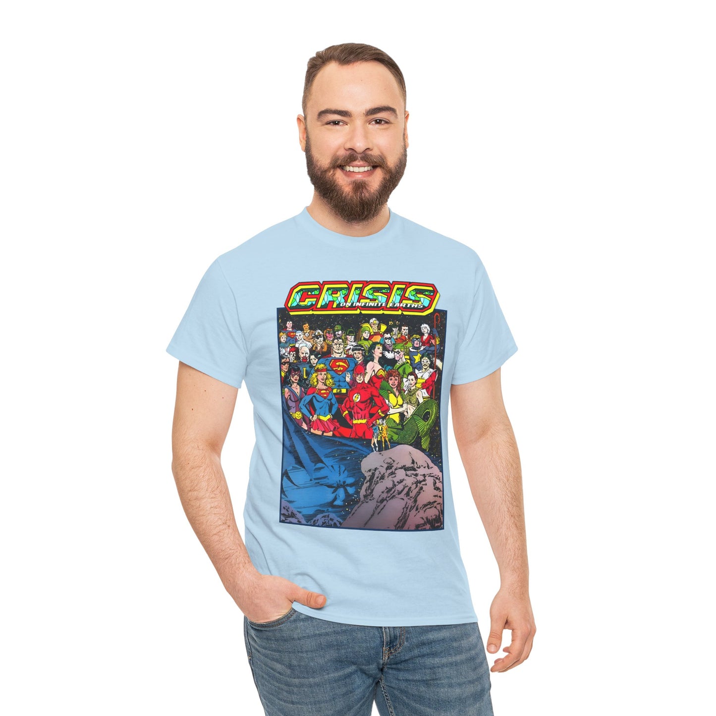 Crisis on Infinite Earths T-Shirt - George Perez Art - Supergirl, Flash, Huntress, Starman, Earth 3 Luthor, Lori Lemaris, Aquagirl, Earth 2 Robin - DC Comics