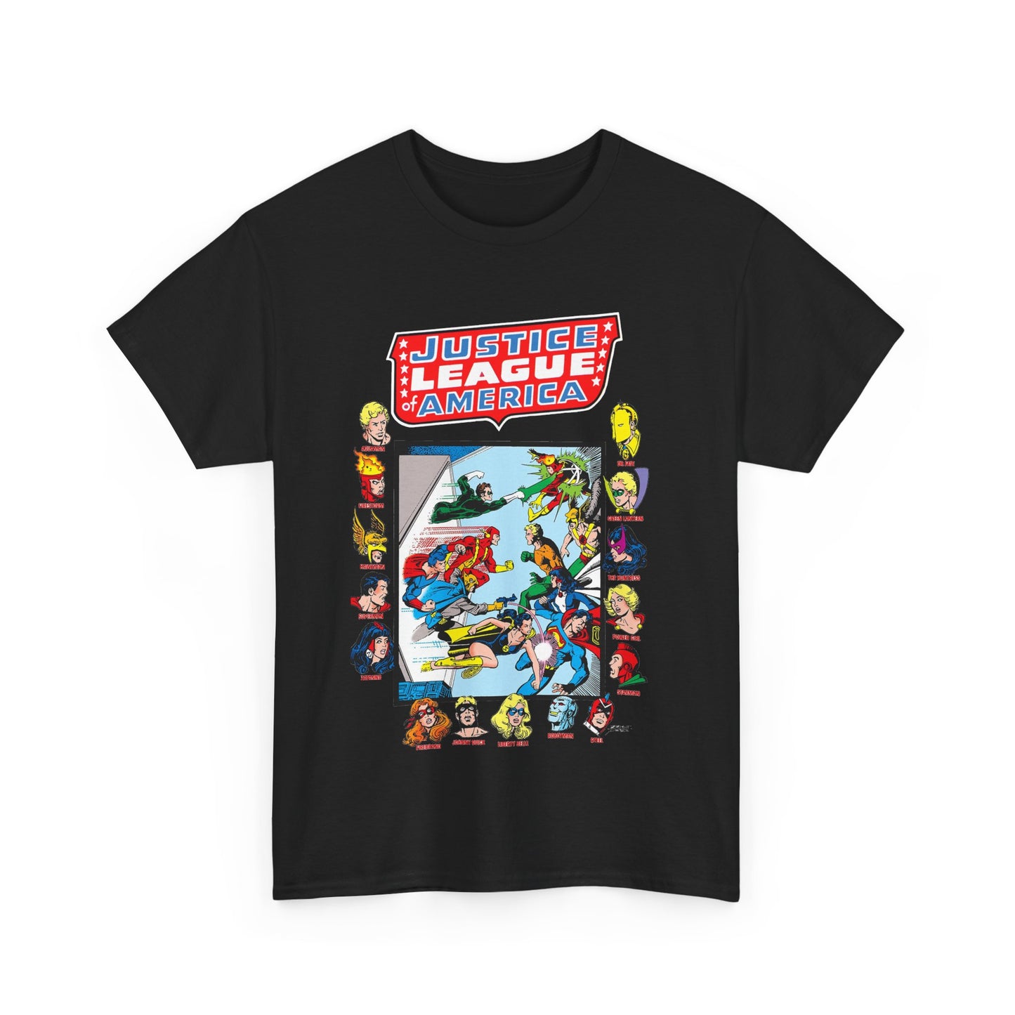 JLA & JSA T-Shirt - George Perez Art - All-Star Squadron - Firestorm, Huntress, Starman, Zatanna, Liberty Belle, Superman, Robotman, Firebrand, Dr Fate - DC Comics