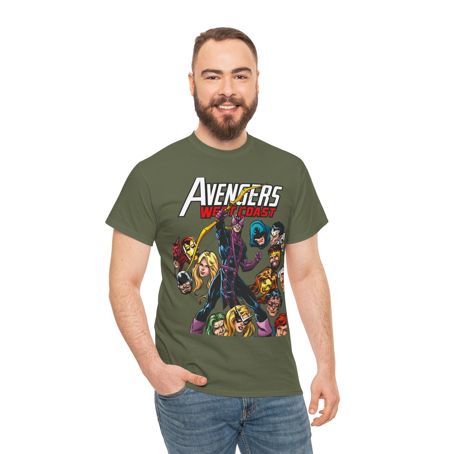 Avengers West Coast T-Shirt - Bob Hall Art - Hawkeye, Iron Man, Wonder Man, Tigra, Mockingbird - Marvel Comics Team