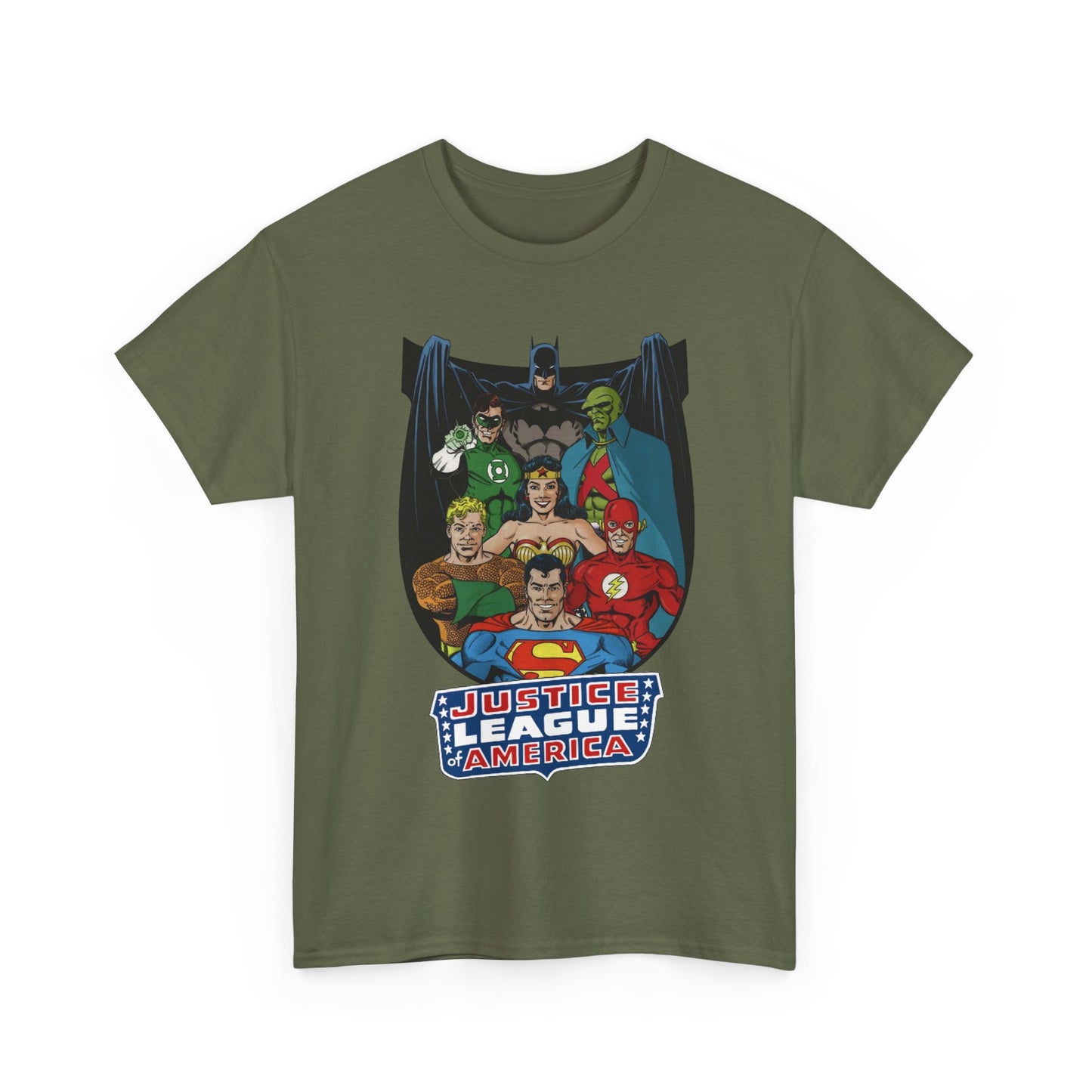 Justice League of America T-Shirt - George Perez Art - Superman, Wonder Woman, Batman, Aquaman, Martian Manhunter, Flash, Green Lantern - DC Comics