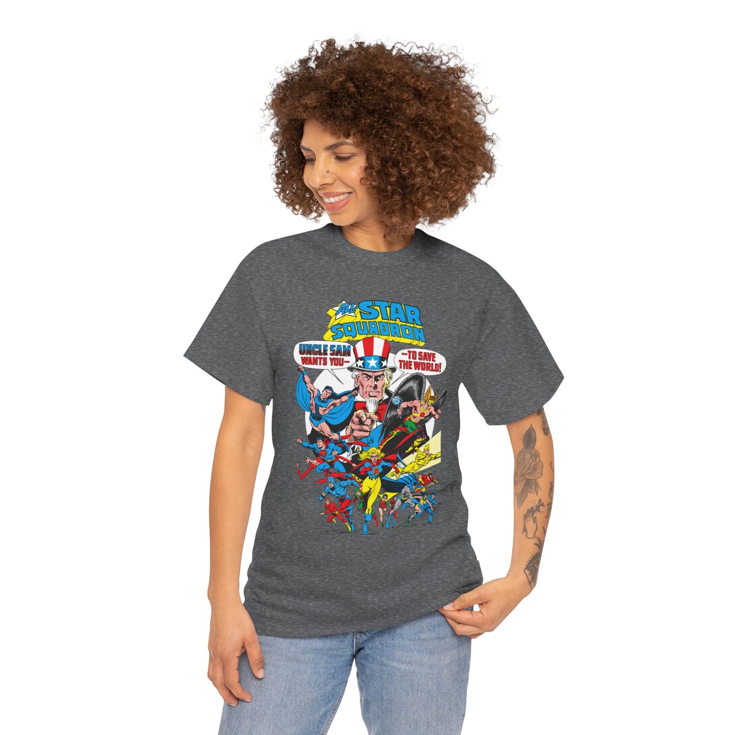 All-Star Squadron T-Shirt - Jerry Ordway Art - Uncle Sam, Hawkman, Superman, Liberty Belle, Black Condor, the Ray, Batman, Plastic Man - JSA Link - DC Comics