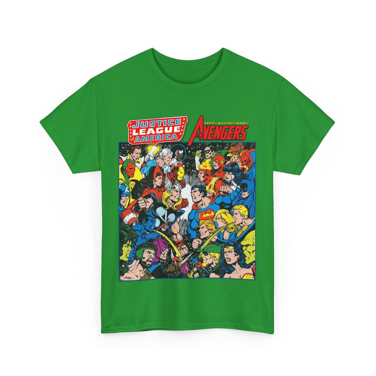 Justice League/Avengers T-Shirt - DC & Marvel Comics Art - George Perez - JLA - Batman, Captain America, Iron Man, Green Lantern