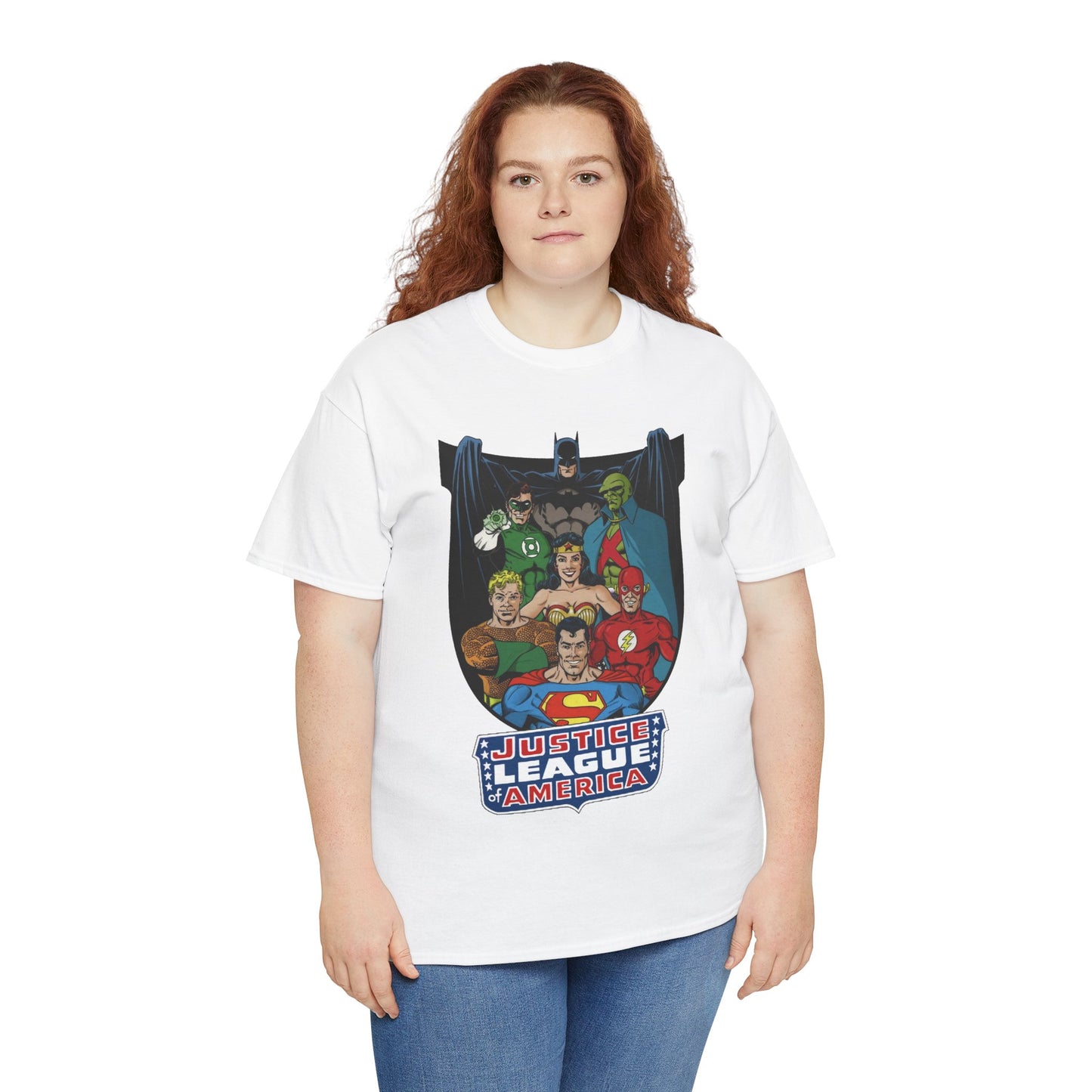 Justice League of America T-Shirt - George Perez Art - Superman, Wonder Woman, Batman, Aquaman, Martian Manhunter, Flash, Green Lantern - DC Comics