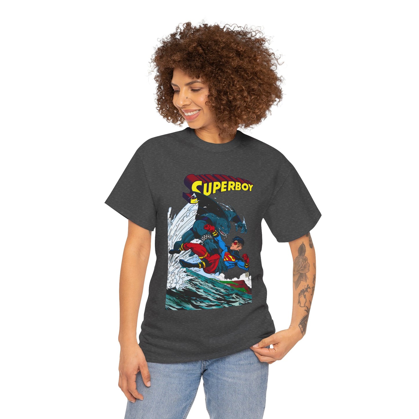 King Shark Vs Superboy T-Shirt - Tom Grummett Art - Connor Kent, Kon-L - Superman Family - DC Comics
