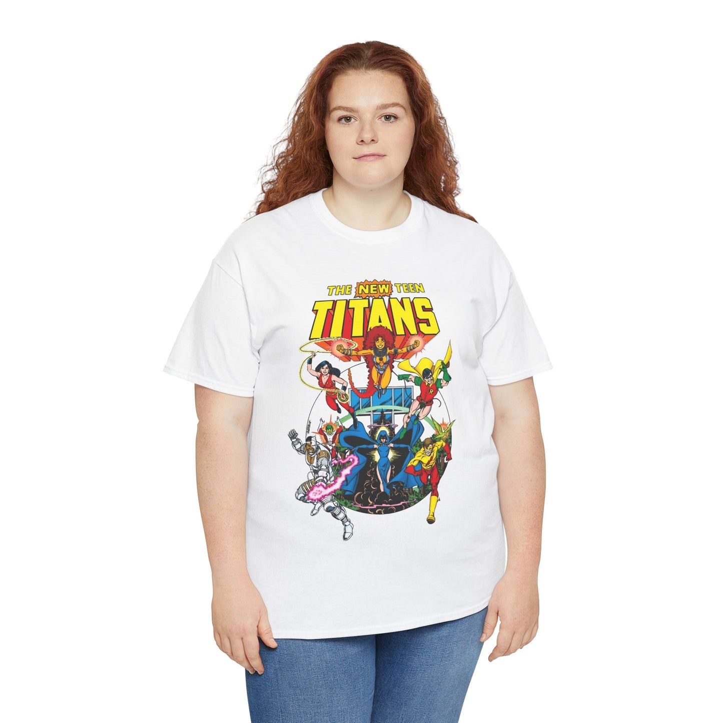 New Teen Titans T-Shirt - Classic George Perez Art - Cyborg, Raven, Starfire, Robin, Wonder Girl, Changeling, Kid Flash - Titans Tower - Popular DC Comics 1980s Series