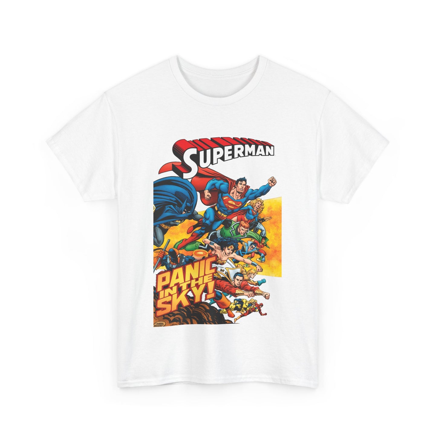 Superman - Panic in the Sky T-Shirt - Dan Jurgens Art - Vs Brainiac & Maxima - Wonder Woman, Booster Gold, Shazam, Batman, Flash, Aquaman, Supergirl - DC Comics