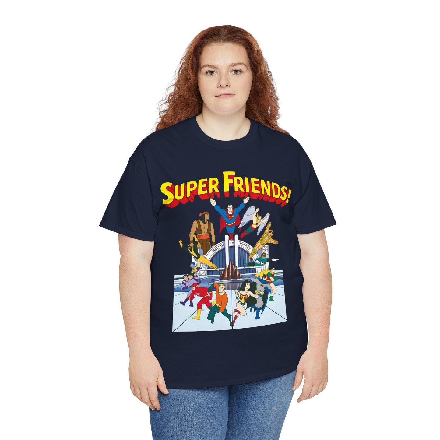 Super Friends T-Shirt - DC Hanna-Barbera - Superman, Wonder Woman, Black Vulcan, Batman, The Wonder Twins, Apache Chief, Hall of Justice