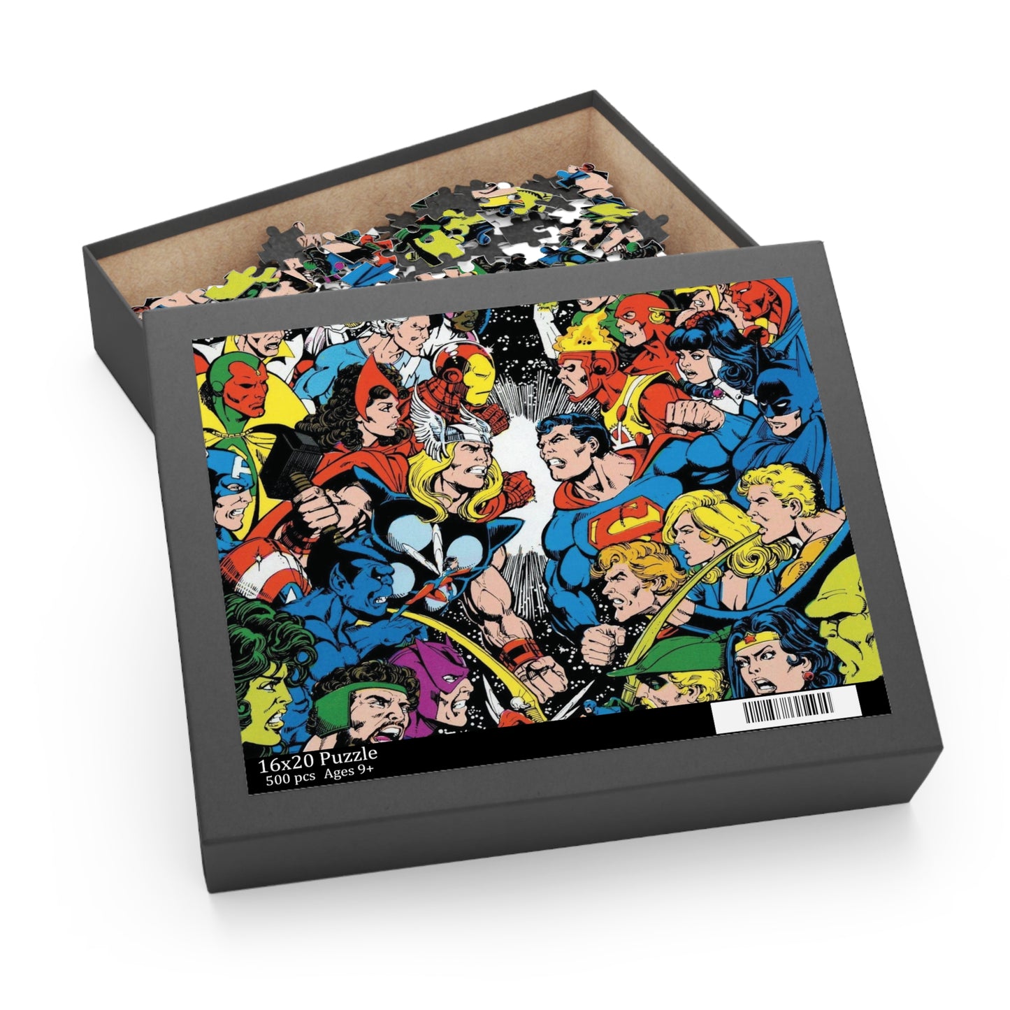 Justice League Vs Avengers 500 Piece Puzzle - George Perez Art - DC Comics & Marvel Comics - Superman, Thor, Hawkeye, Firestorm