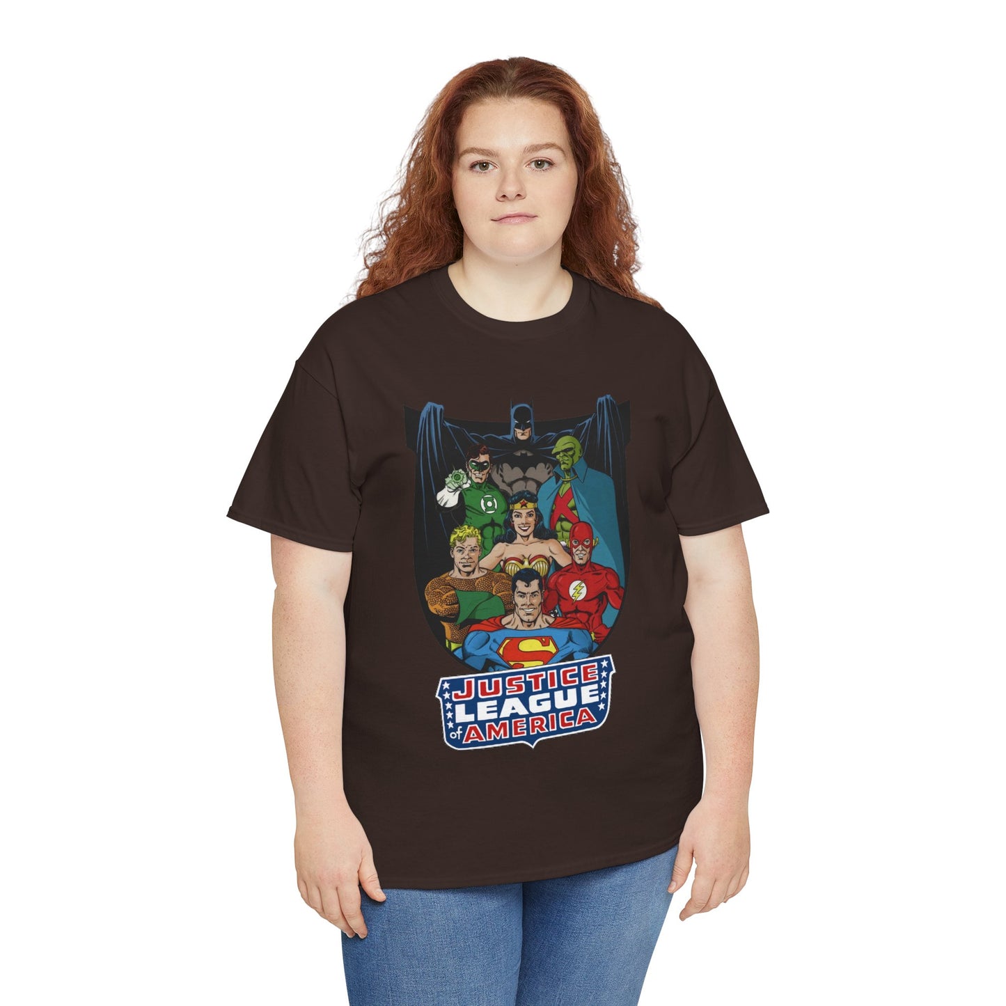 Justice League of America T-Shirt - George Perez Art - Superman, Wonder Woman, Batman, Aquaman, Martian Manhunter, Flash, Green Lantern - DC Comics