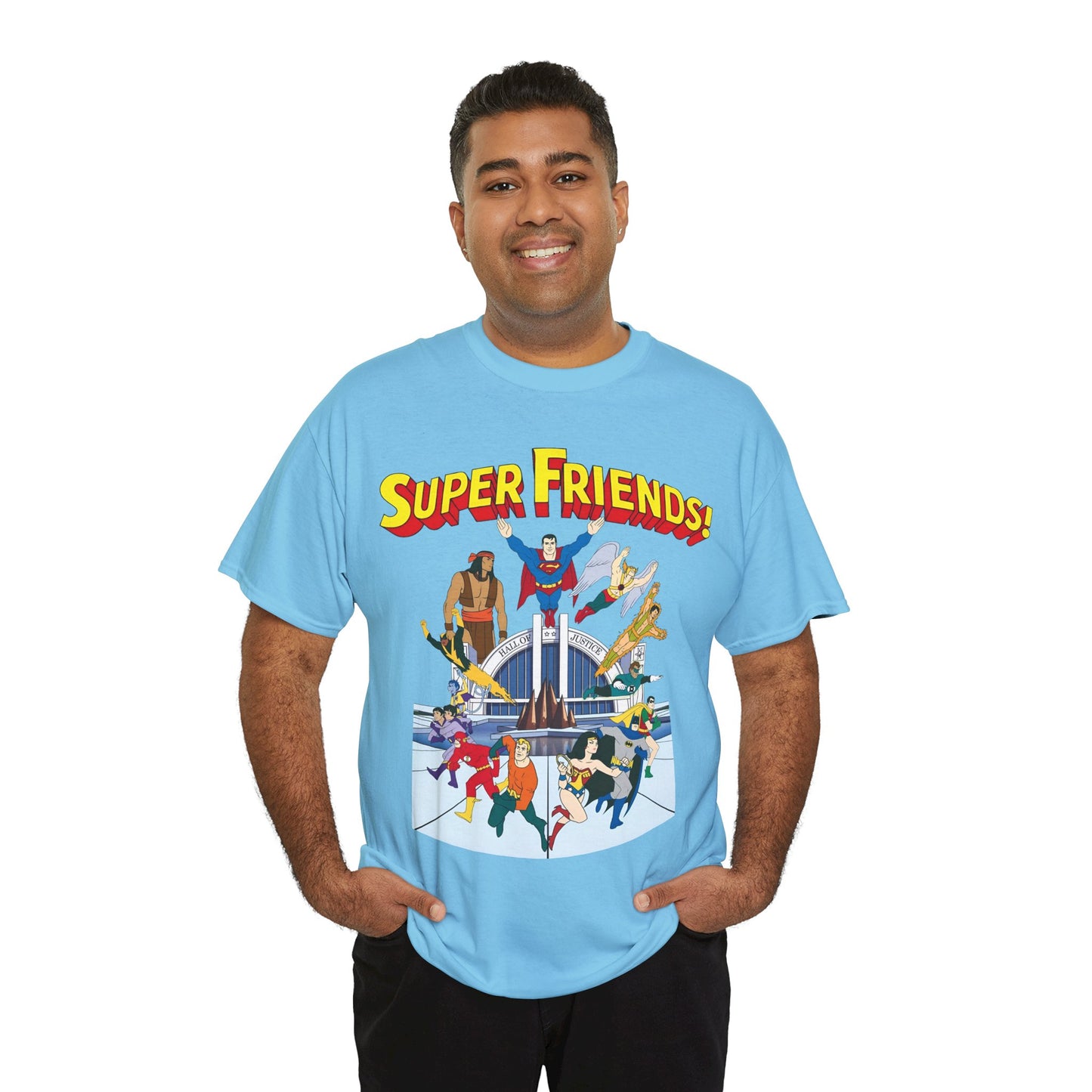 Super Friends T-Shirt - DC Hanna-Barbera - Superman, Wonder Woman, Black Vulcan, Batman, The Wonder Twins, Apache Chief, Hall of Justice