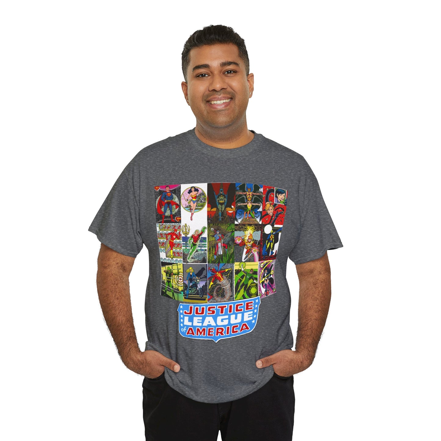 JLA Postcard T-Shirt - George Perez Art - Zatanna, Green Lantern, Flash, Batman, Hawkman, Wonder Woman, Firestorm - Justice League of America - DC Comics