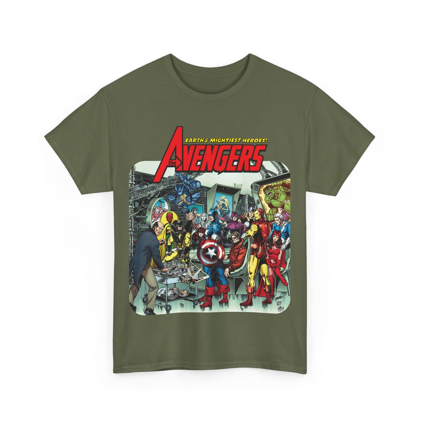 Classic Avengers T-Shirt - George Perez Art - Captain America, Hawkeye, Iron Man, Vision, Scarlet Witch, Quicksilver, Jarvis - Marvel Comics