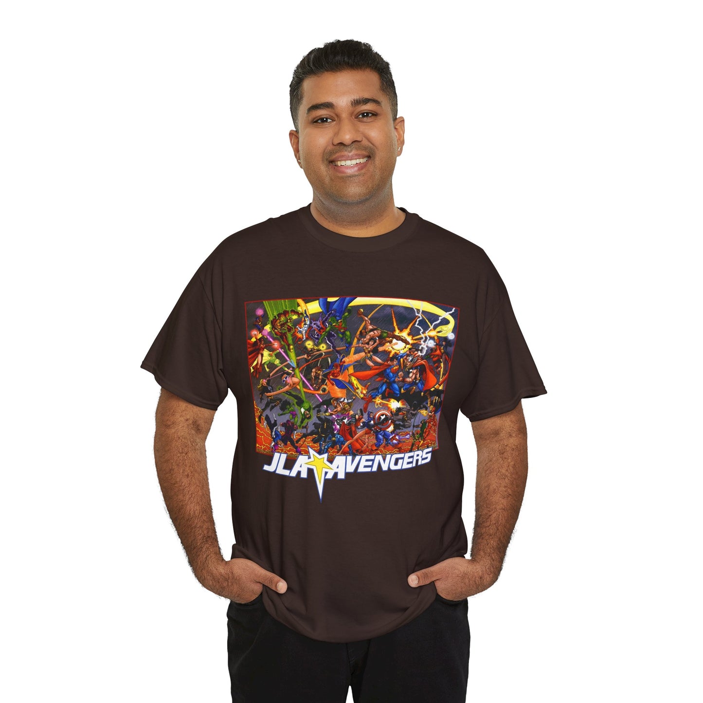 Avengers Vs JLA T-Shirt - Stunning George Perez Art - Marvel & DC Comics Crossover - Thor, Superman, Wonder Woman, Hercules, Iron Man, Batman, Black Canary, Scarlet Witch, Wonder Man, Martian Manhunter