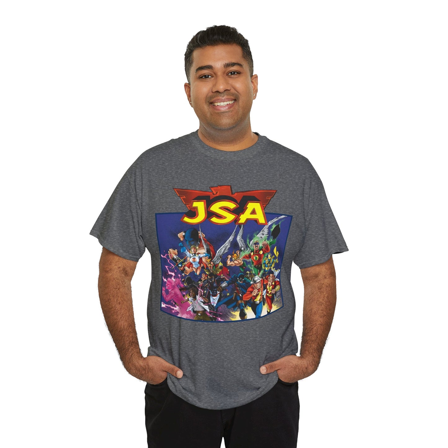 JSA T-Shirt - Carlos Pacheco Art - Green Lantern, Power Girl, Hawkgirl, Black Adam, Flash, Dr Fate, Hawkman - DC Comics - Justice Society of America