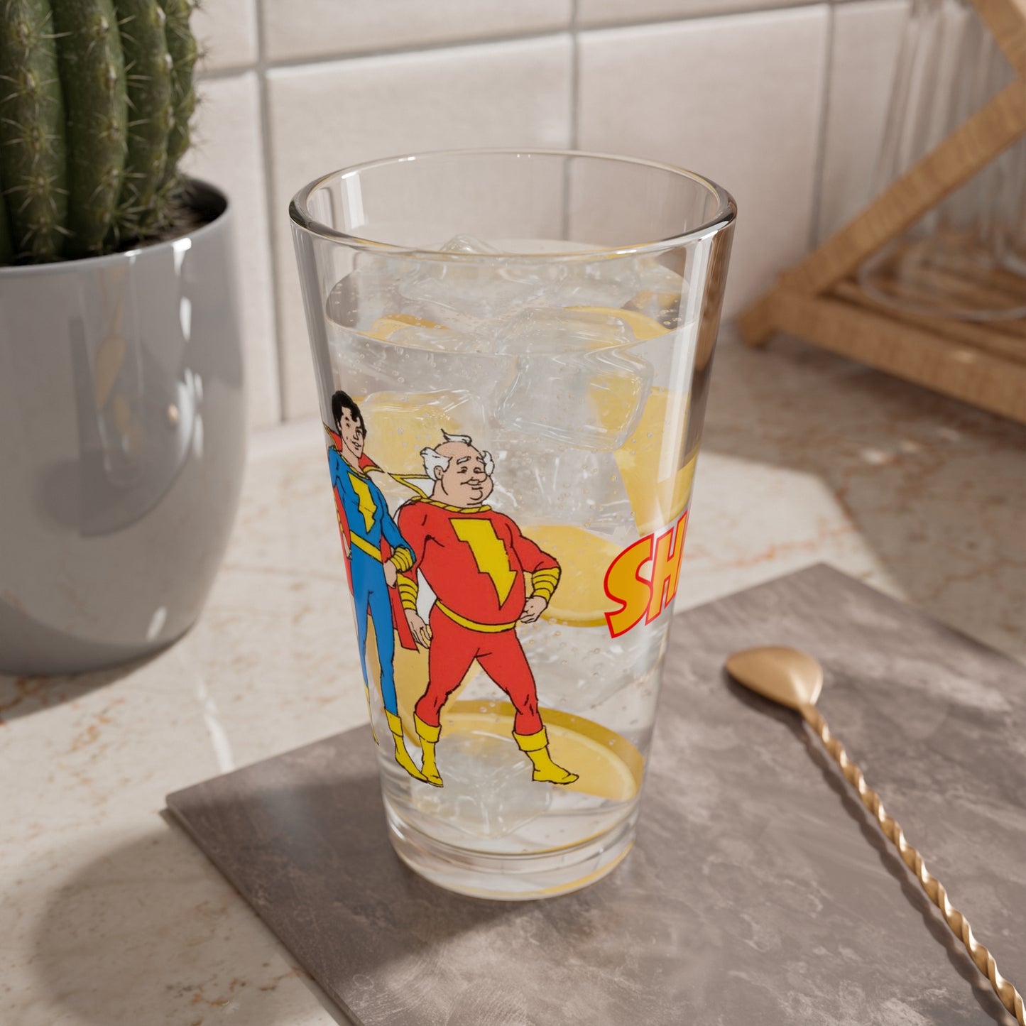 Shazam Pint Glass, 16oz - Marvel Family - Mary Marvel, Captain Marvel Jr, Uncle Marvel - Filmation 1970s Cartoon - DC Comics Characters