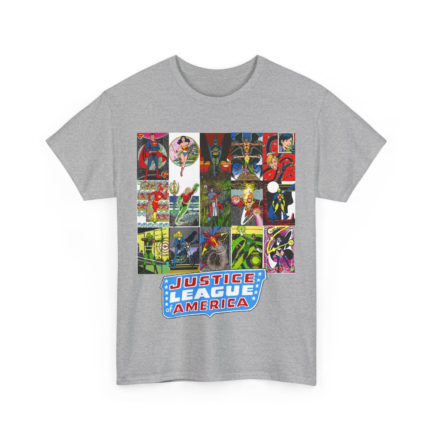 JLA Postcard T-Shirt - George Perez Art - Zatanna, Green Lantern, Flash, Batman, Hawkman, Wonder Woman, Firestorm - Justice League of America - DC Comics