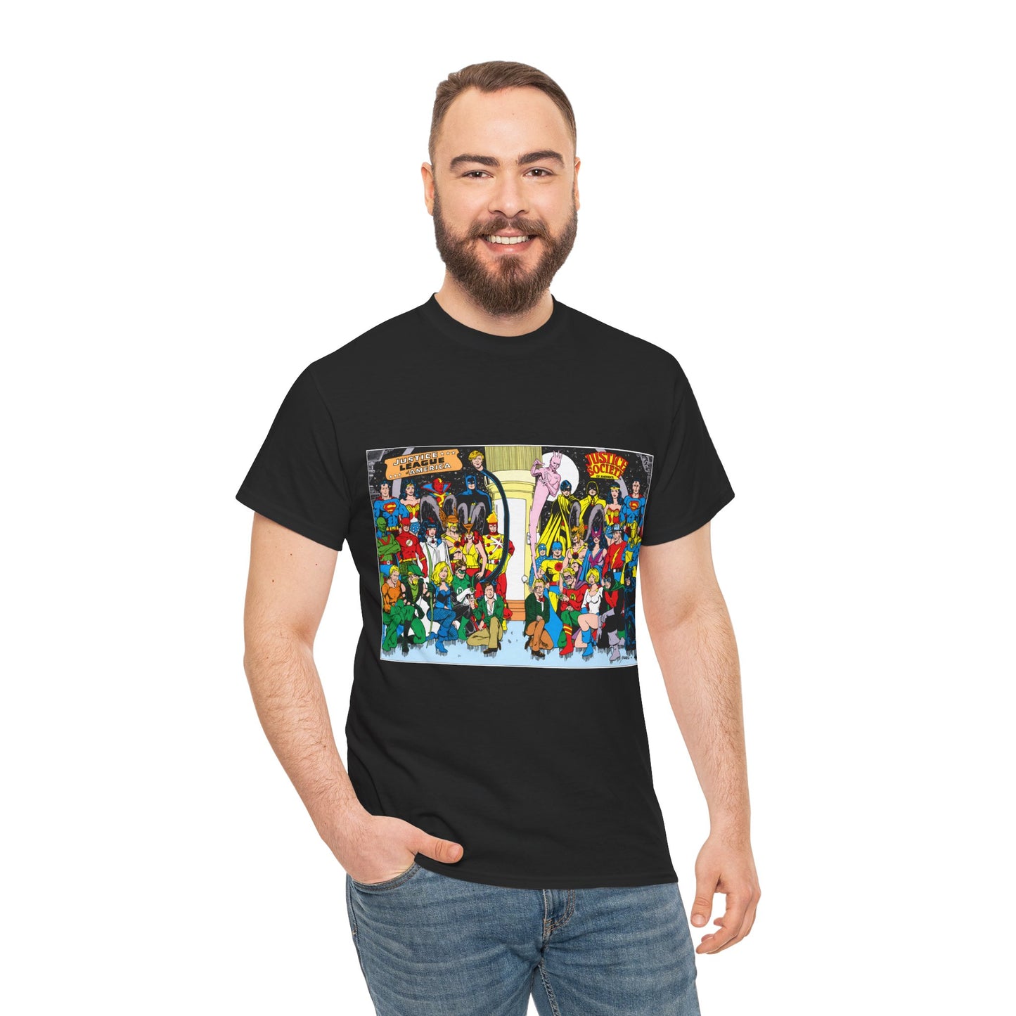 JLA & JSA T-Shirt - George Perez Art - Justice League, Society Team-up - Batman, Wildcat, Dr Fate, Hourman, Firestorm, Superman