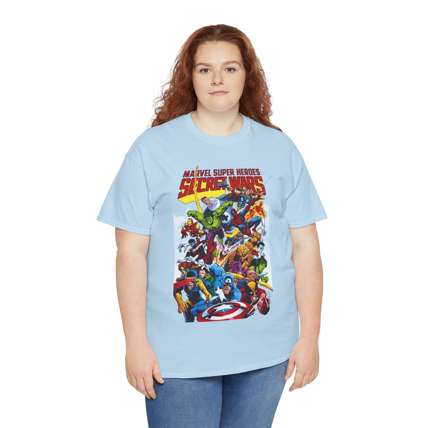 Secret Wars T-Shirt - Spider-man, Wolverine, Iron Man, Captain America, Cyclops, Rogue, Hulk, Mr Fantastic, The Thing - Classic Marvel Comics 1980s Series - The Beyonder