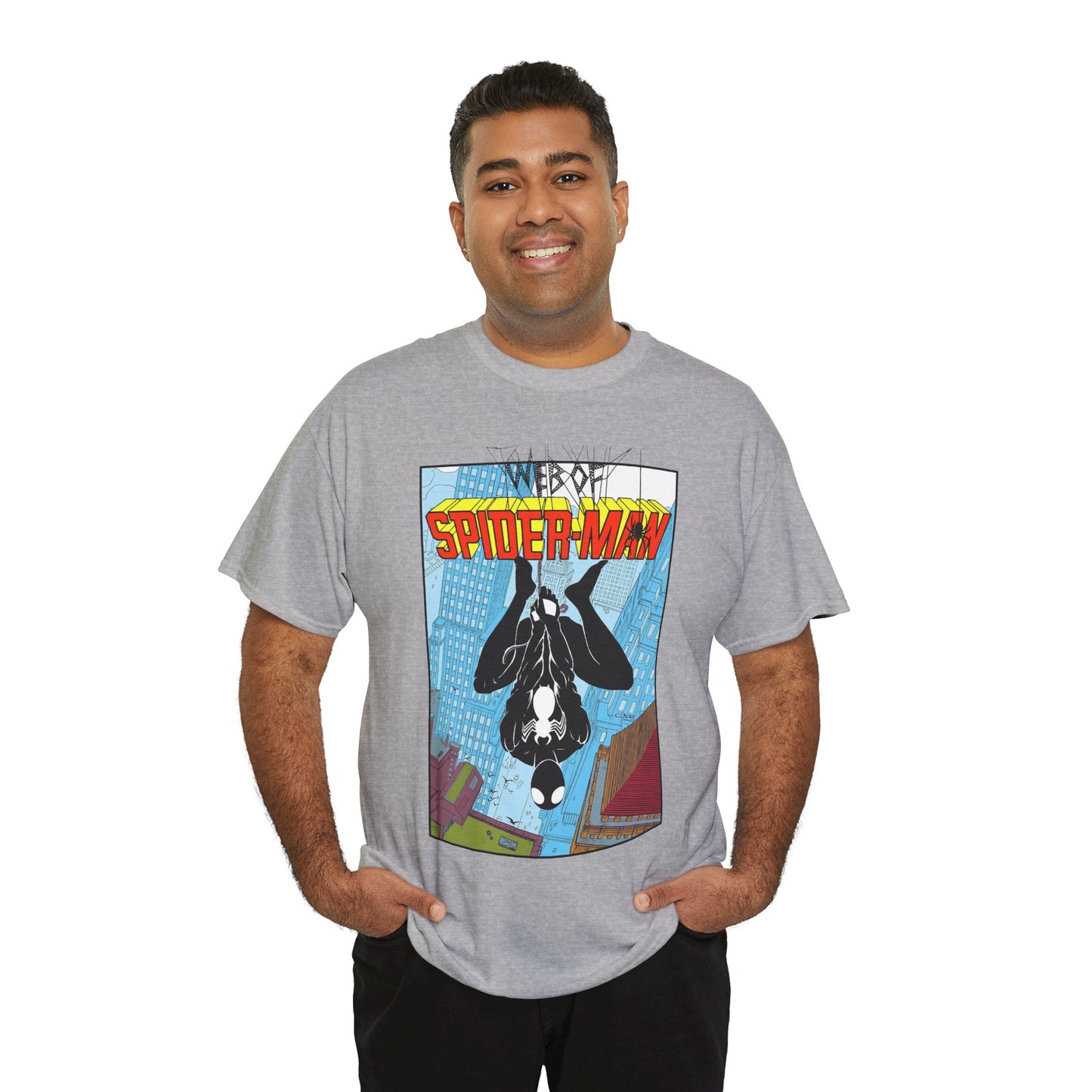 Web of Spider-Man T-Shirt - Charles Vess Art - Peter Parker, Web Slinger - Manhattan Skyline - Spidey Black Suit - Marvel Comics