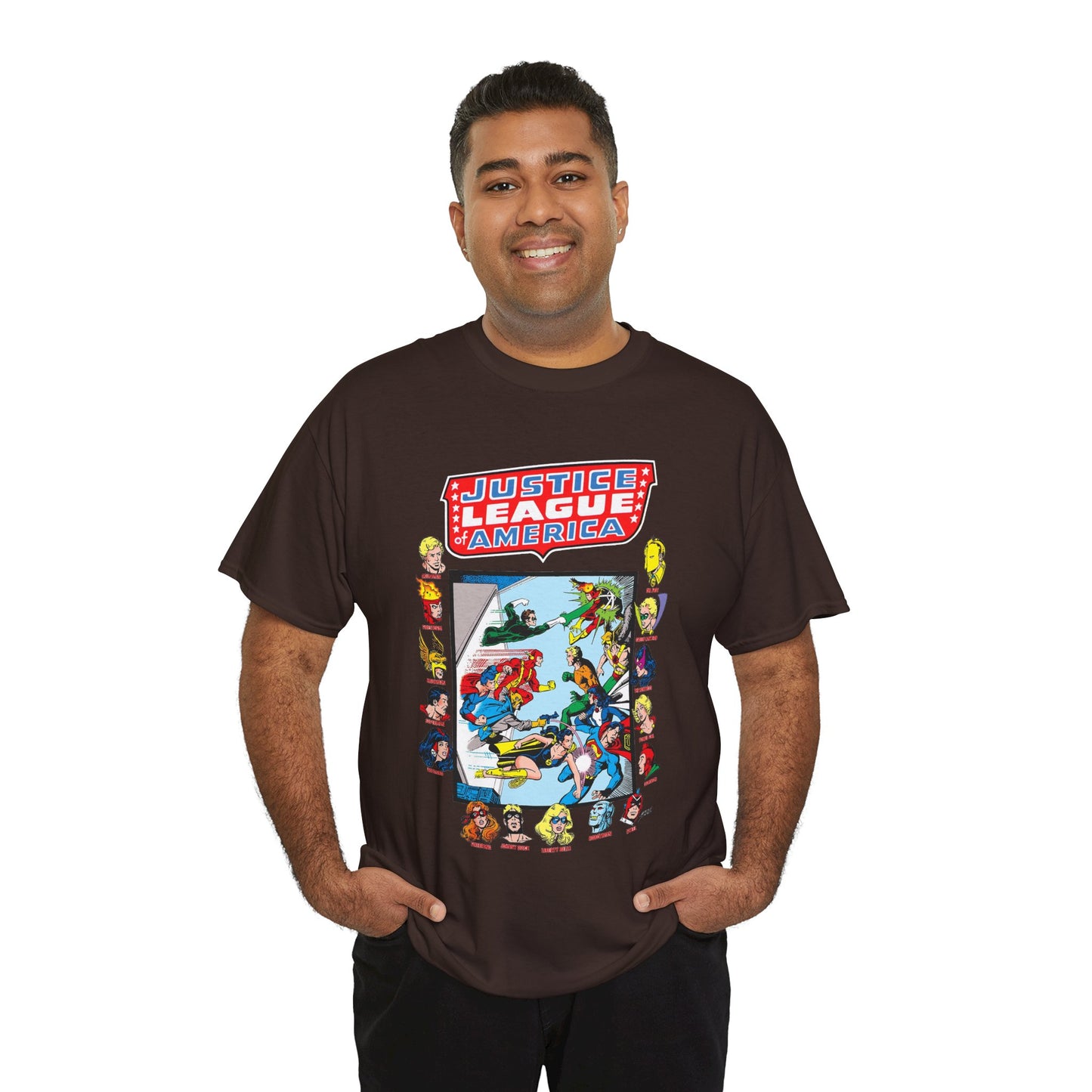 JLA & JSA T-Shirt - George Perez Art - All-Star Squadron - Firestorm, Huntress, Starman, Zatanna, Liberty Belle, Superman, Robotman, Firebrand, Dr Fate - DC Comics
