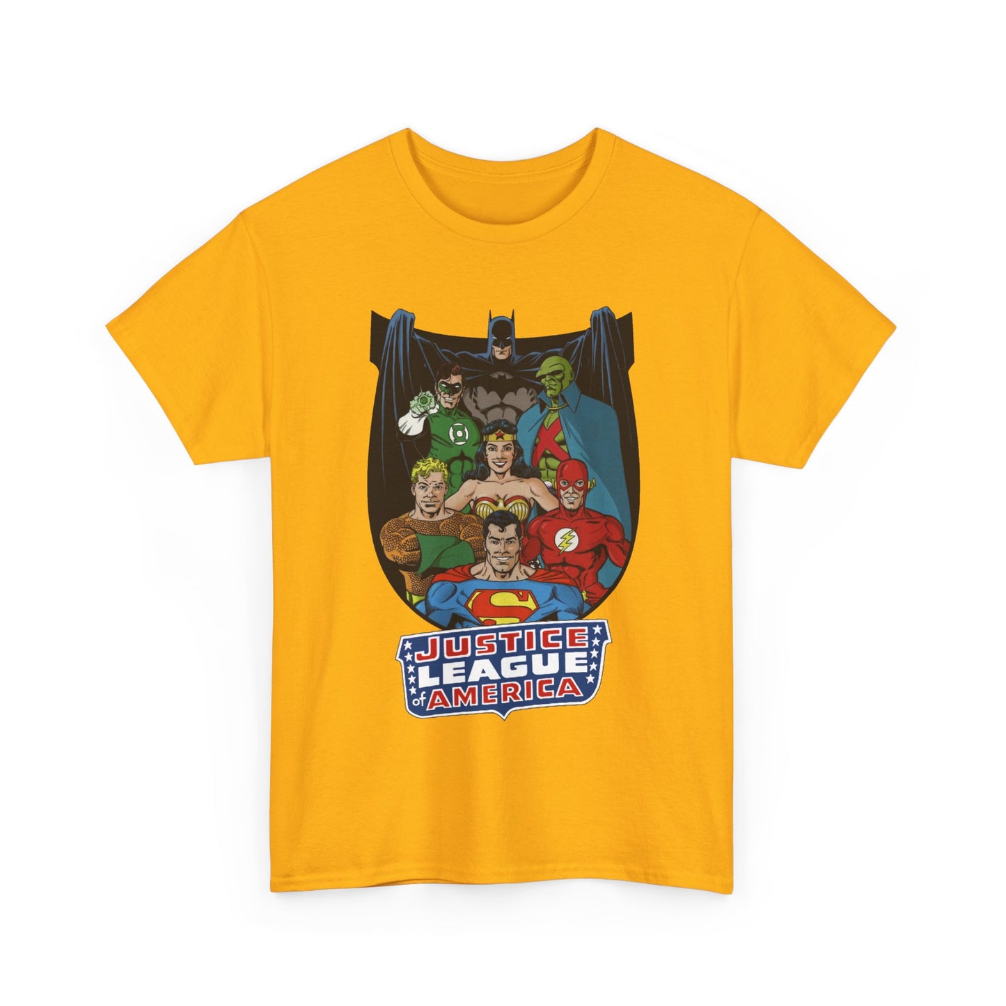Justice League of America T-Shirt - George Perez Art - Superman, Wonder Woman, Batman, Aquaman, Martian Manhunter, Flash, Green Lantern - DC Comics