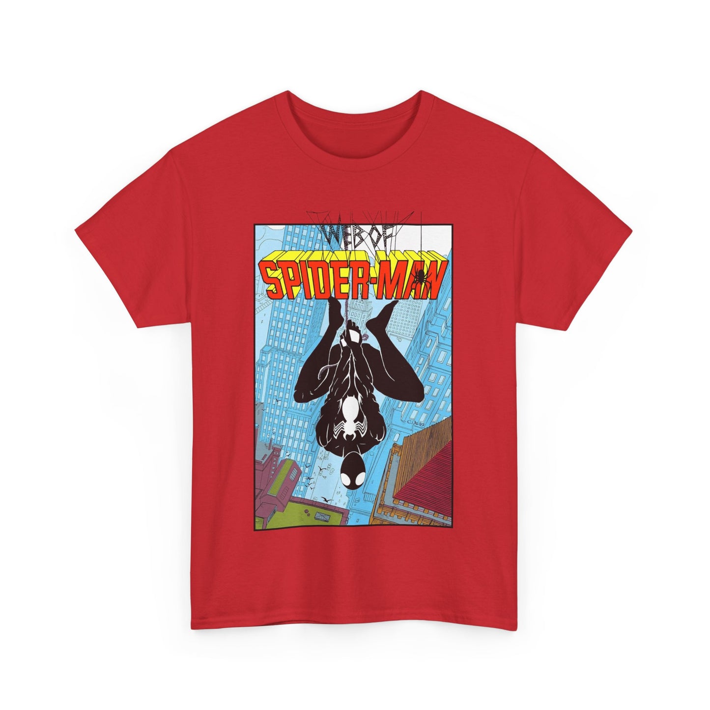 Web of Spider-Man T-Shirt - Charles Vess Art - Peter Parker, Web Slinger - Manhattan Skyline - Spidey Black Suit - Marvel Comics