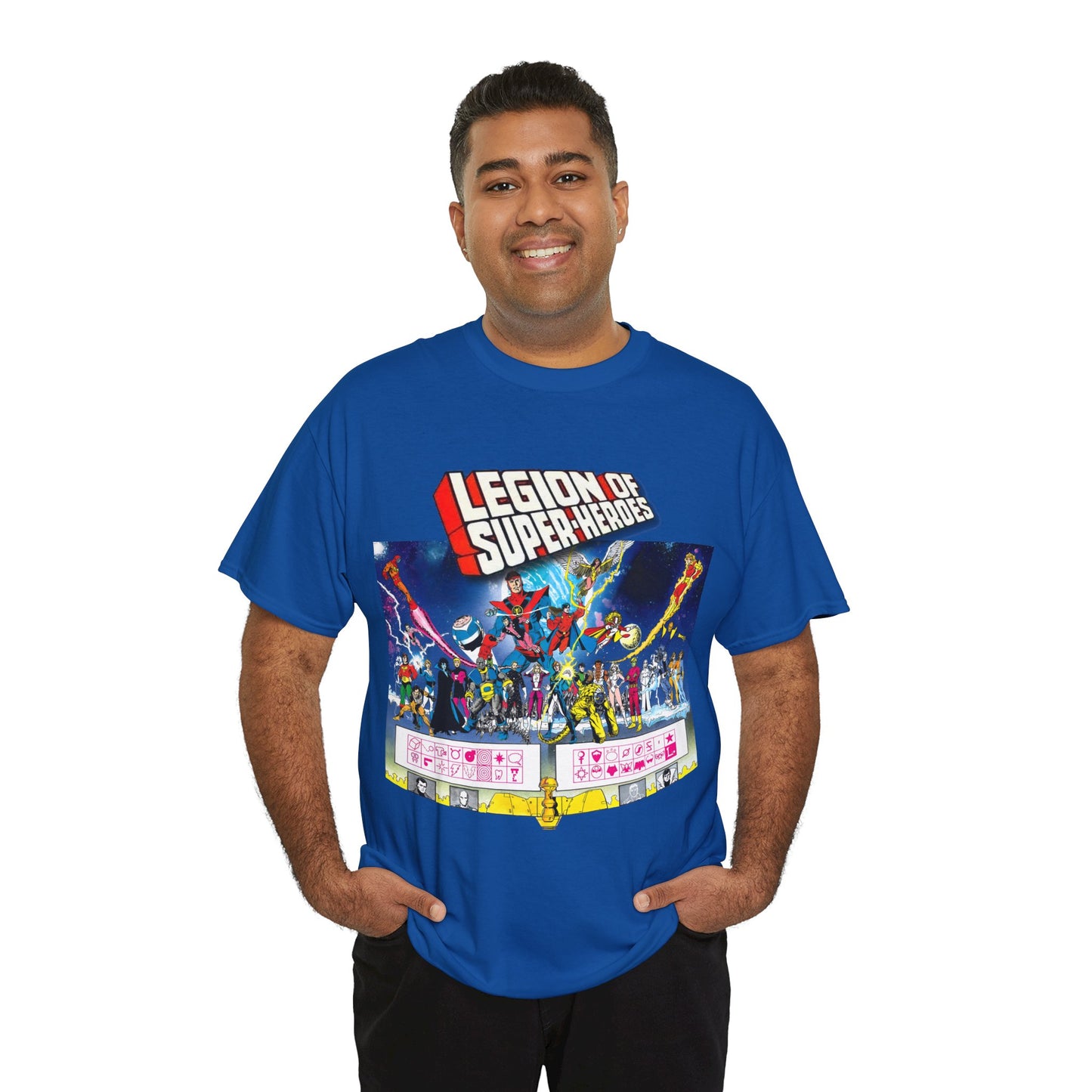 Legion of Super-Heroes T-Shirt - Gorgeous George Perez Art - History of the DC Universe - Lightning Lad, Timber Wolf, Wildfire, Sun Boy, Chamelon Boy - DC Comics