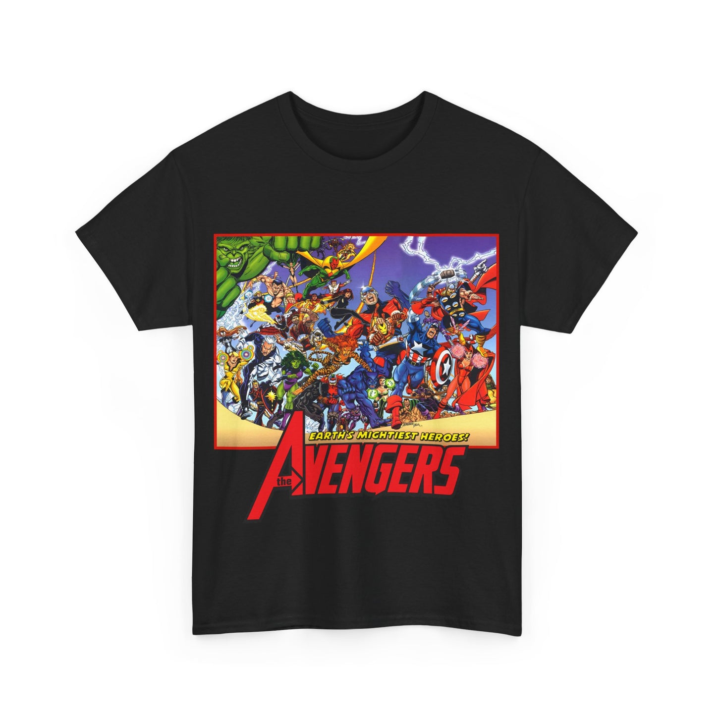 Avengers T-Shirt - George Perez Art - Marvel Comics - Captain America, Iron Man, Thor, She-Hulk, Hawkeye, Vision, Quicksilver - Classic Cover