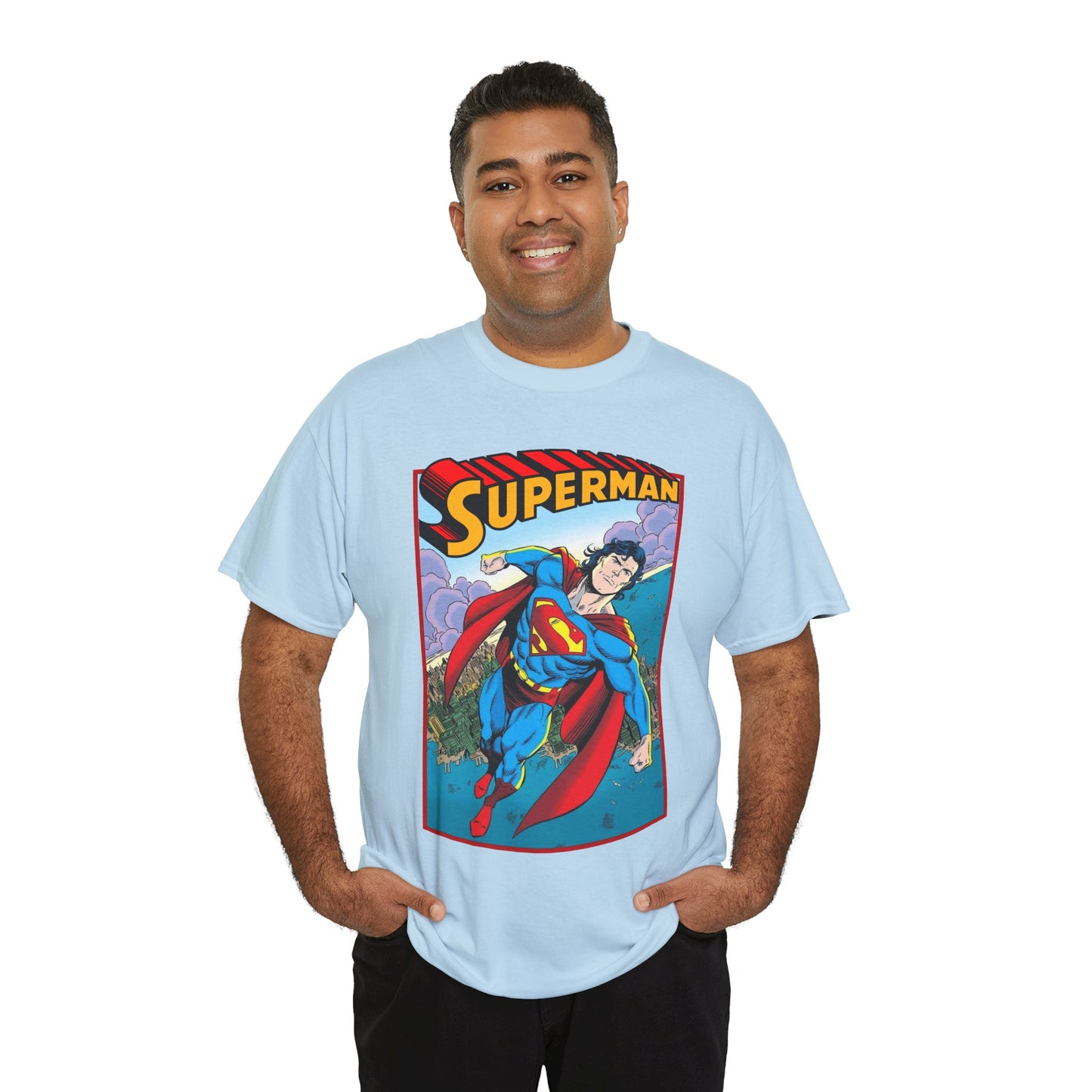 Superman T-Shirt - Tom Grummett Art - DC Comics - Metropolis, Man of Steel Flying Through the Sky - Post-Reign of the Supermen Storyline Artwork