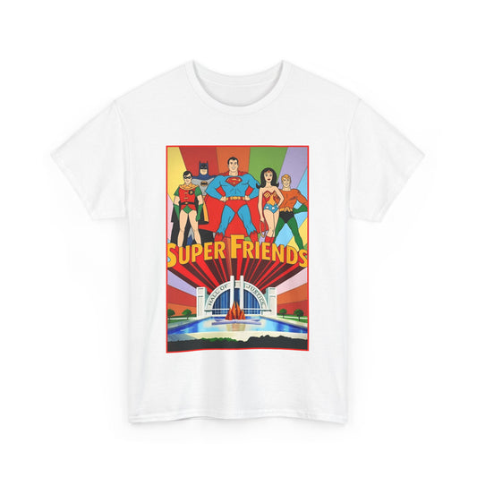Super Friends T-Shirt - Batman, Superman, Wonder Woman, Robin - Hanna-Barbera Cartoon - DC Comics - Hall of Justice