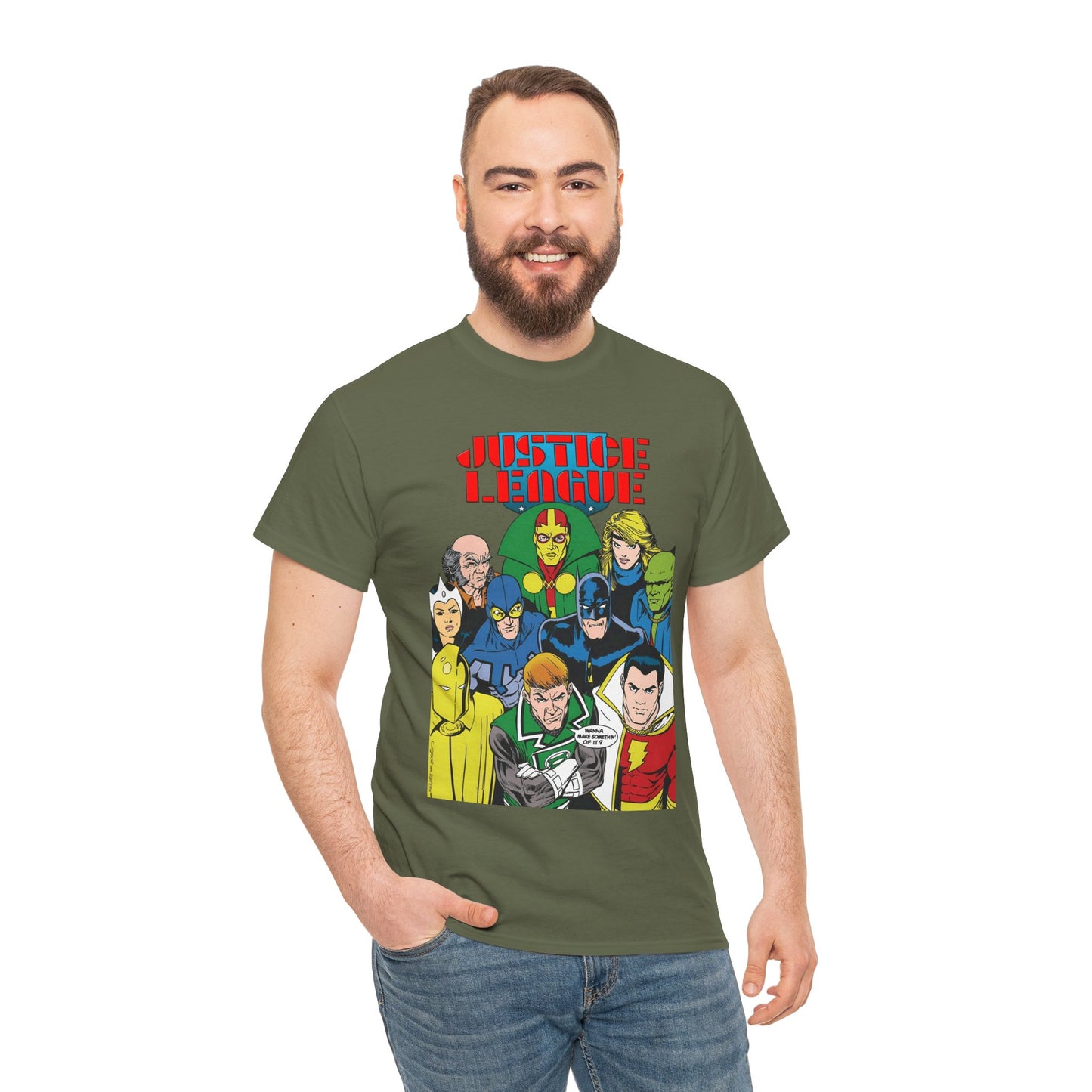 Justice League International T-Shirt - Kevin Maguire Art - JLI - DC Comics - Blue Beetle, Dr Fate, Batman, Mr Miracle, Martian Manhunter - Guy Gardner