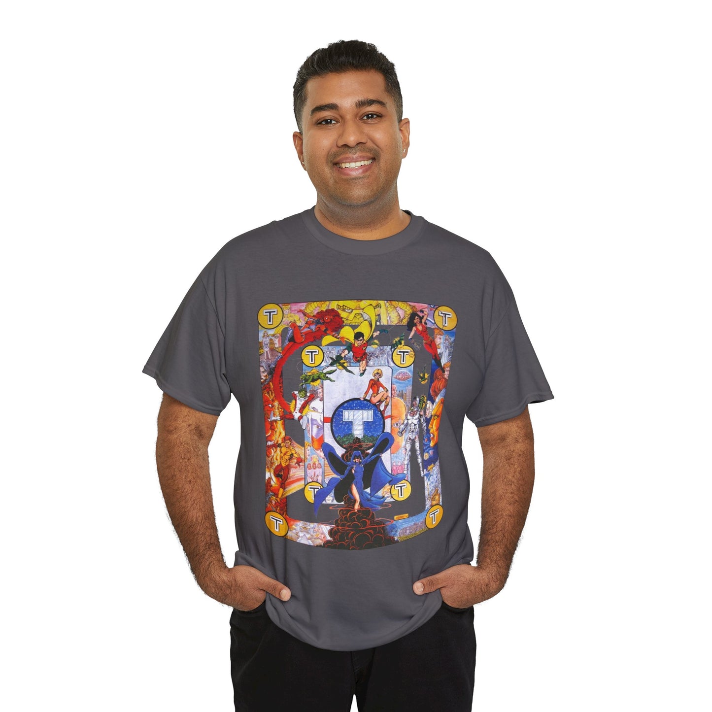 New Teen Titans Poster T-Shirt - George Perez Art - Cyborg, Raven, Robin, Terra, Wonder Girl, Changeling, Kid Flash, Deathstroke, Blackfire - DC Comics