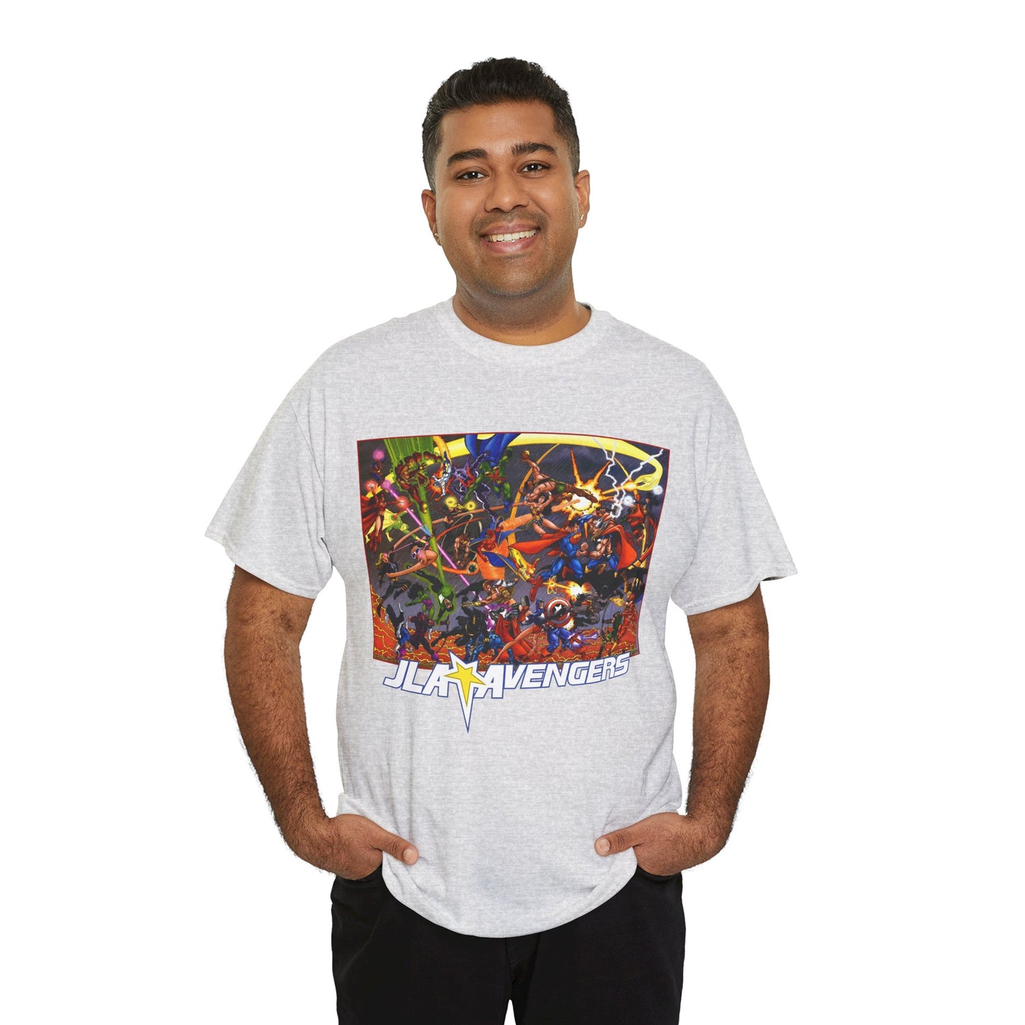 Avengers Vs JLA T-Shirt - Stunning George Perez Art - Marvel & DC Comics Crossover - Thor, Superman, Wonder Woman, Hercules, Iron Man, Batman, Black Canary, Scarlet Witch, Wonder Man, Martian Manhunter