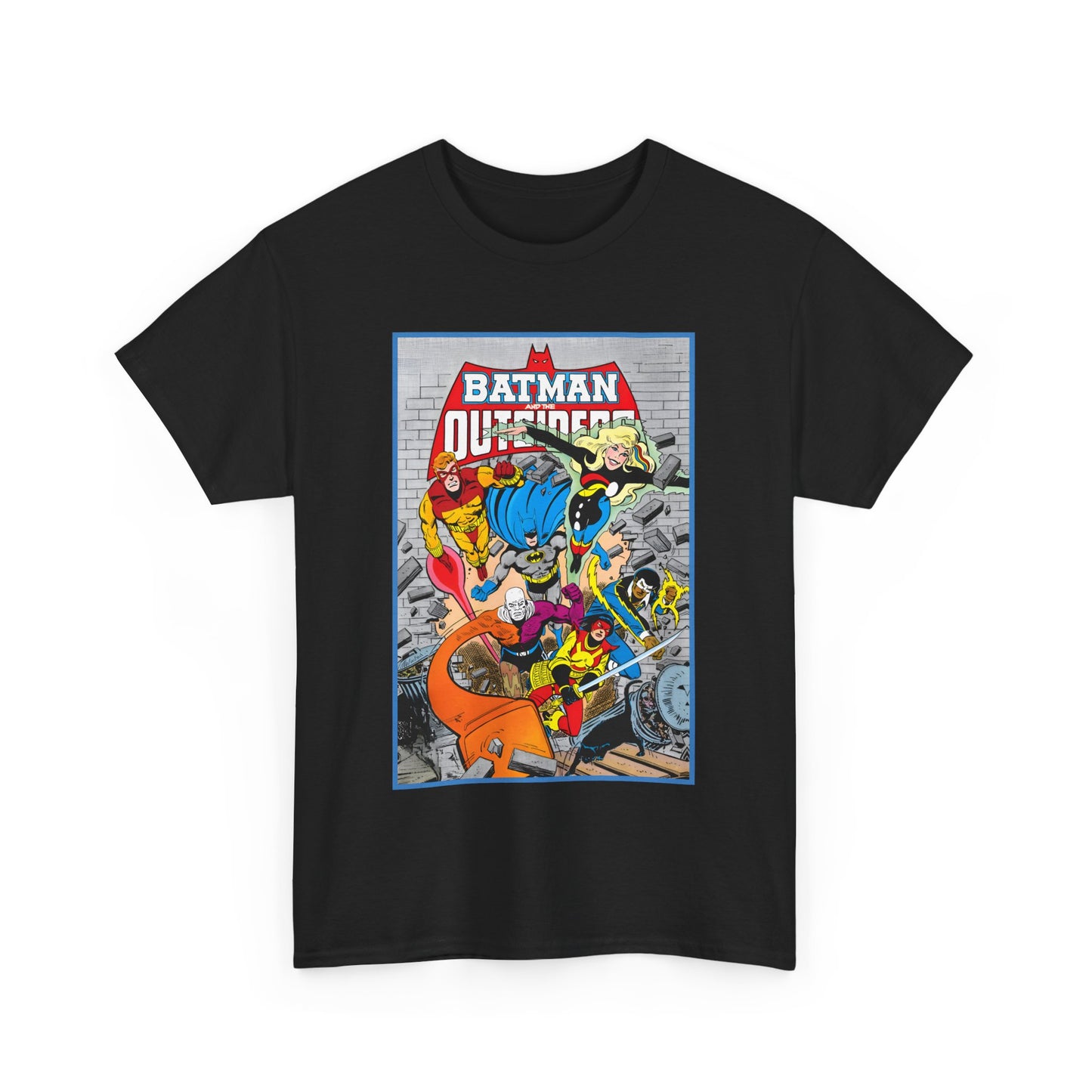 Batman & the Outsiders T-Shirt - Jim Aparo Art - Katana, Geo-Force, Black Lightning, Metamorpho, Halo - DC Comics - 1980s JLA Spin-Off Series