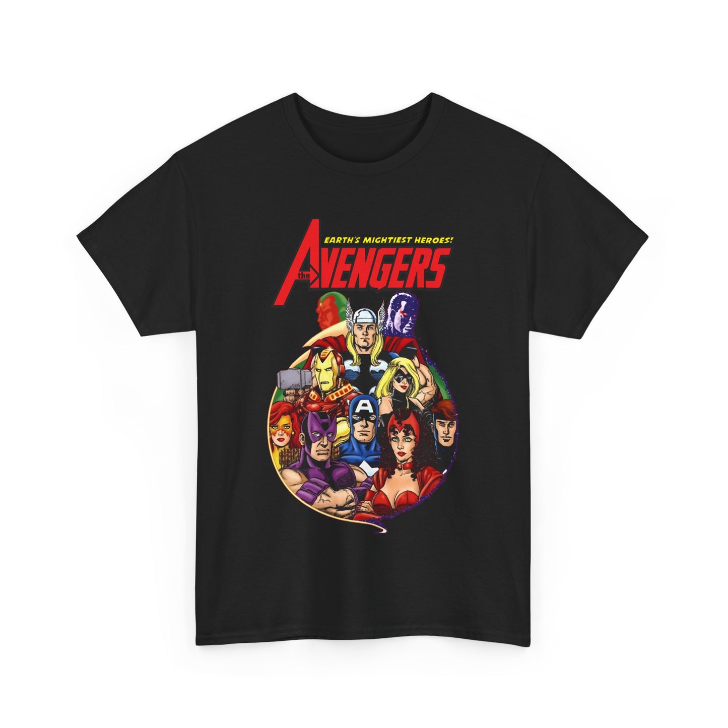 Avengers T-Shirt - George Perez Art - Captain America, Vision, Wonder Man, Iron Man, Thor, Hawkeye, Scarlet Witch - Popular Marvel Comics Characters