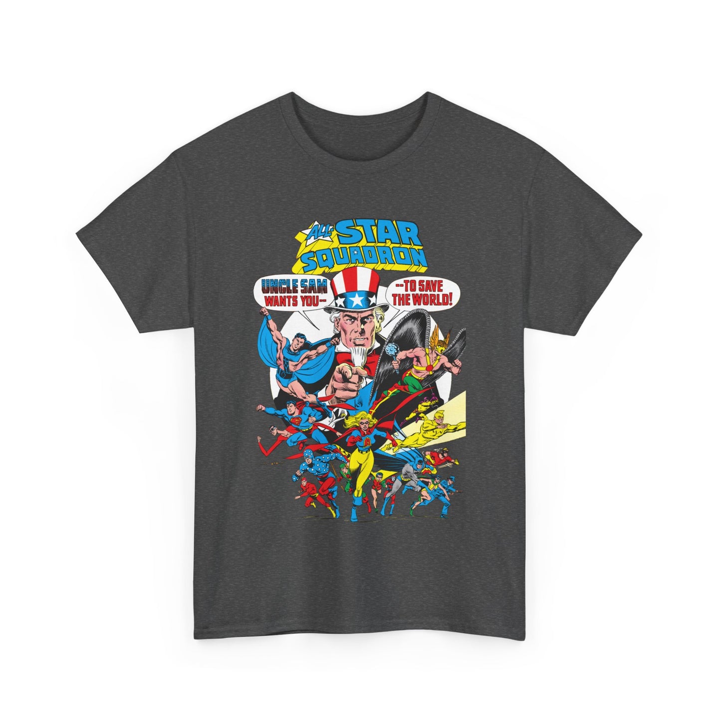 All-Star Squadron T-Shirt - Jerry Ordway Art - Uncle Sam, Hawkman, Superman, Liberty Belle, Black Condor, the Ray, Batman, Plastic Man - JSA Link - DC Comics