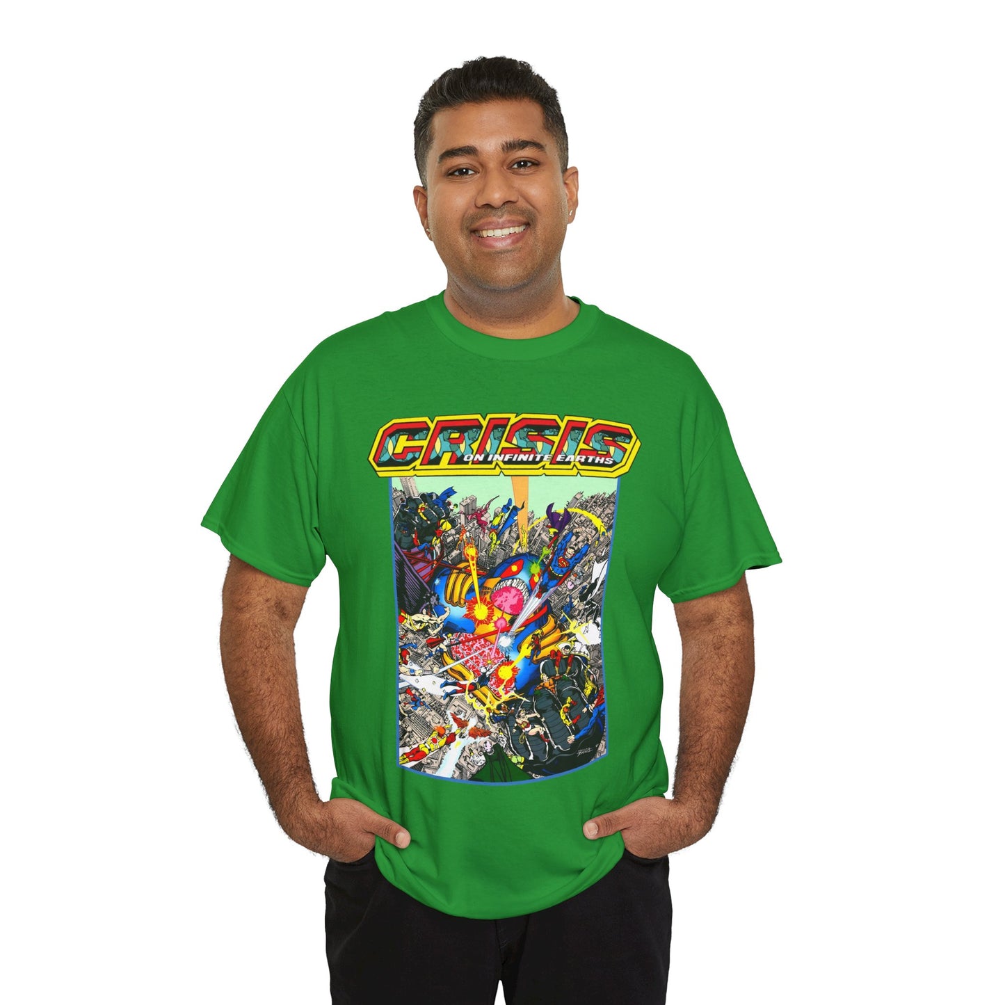 Crisis on Infinite Earths T-Shirt - George Perez Art - Superman, Firestorm, Captain Atom, Wonder Woman, Martian Manhunter Vs The Anti-Monitor - #12 Cover - DC Comics