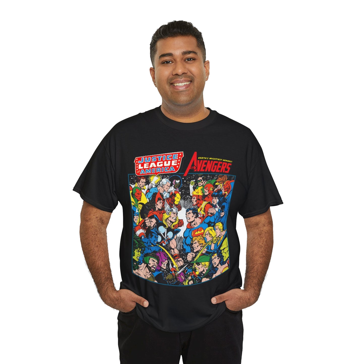 Justice League/Avengers T-Shirt - DC & Marvel Comics Art - George Perez - JLA - Batman, Captain America, Iron Man, Green Lantern