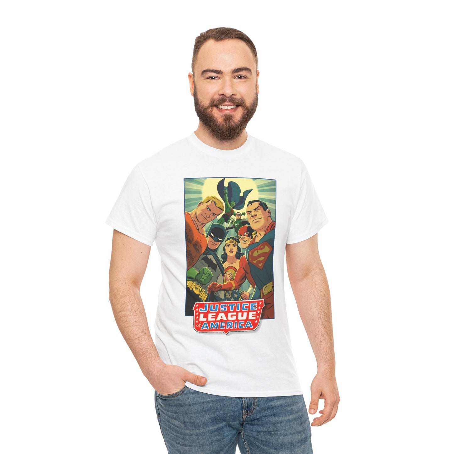 Justice League of America T-Shirt - Michael Cho Art - Superman, Flash, Wonder Woman, Green Lantern, Batman, Martian Manhunter - Silver Age Team - DC Comics