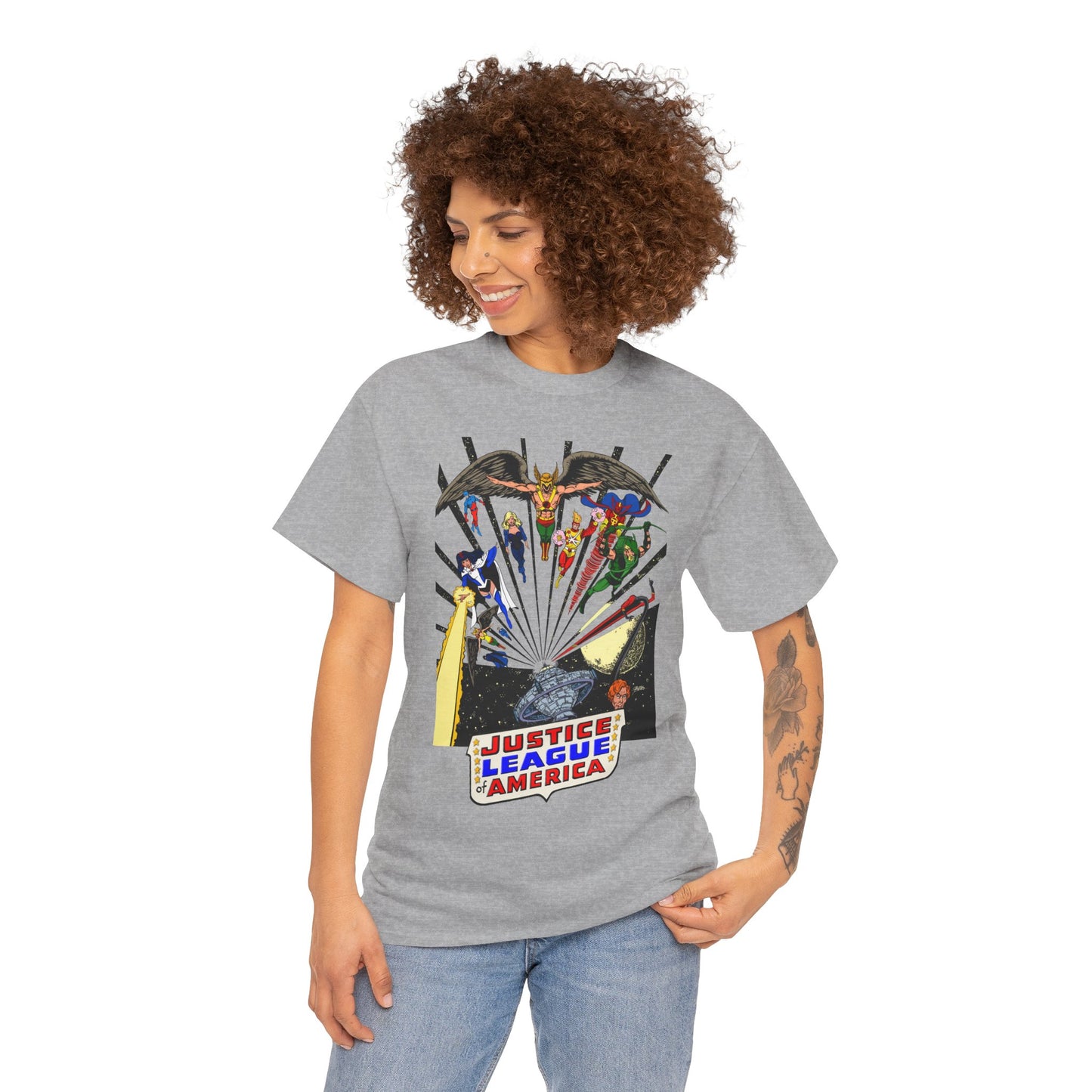 Justice League of America T-Shirt - George Perez Art - Bronze Age Satellite Era - DC Comics - Hawkman, Zatanna, Atom, Firestorm, Elongated Man, Green Arrow
